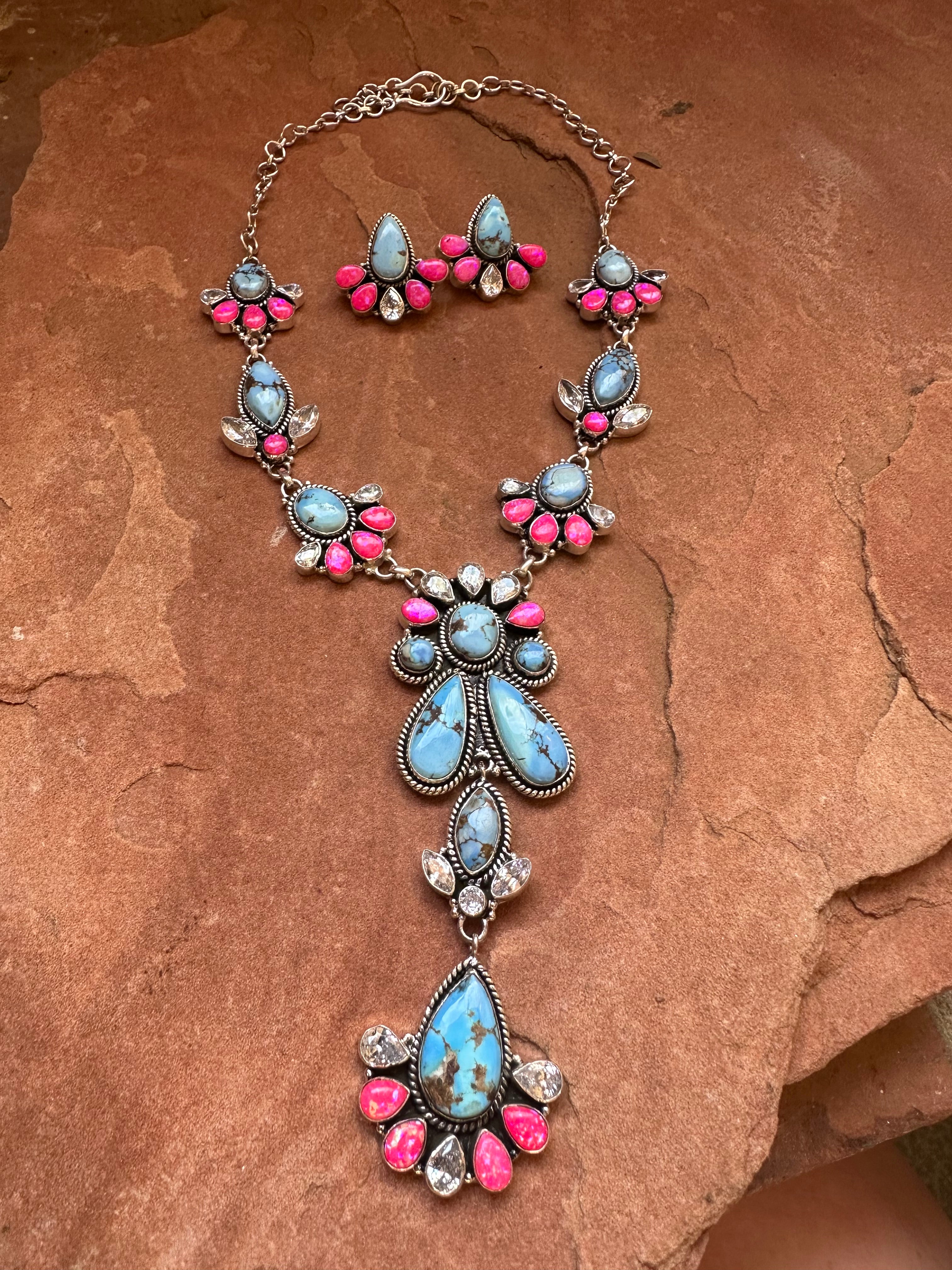 Handmade Sterling Silver, Hot Pink Fire Opal, CZ & Golden Hills Turquoise Set Necklace Signed Nizhoni