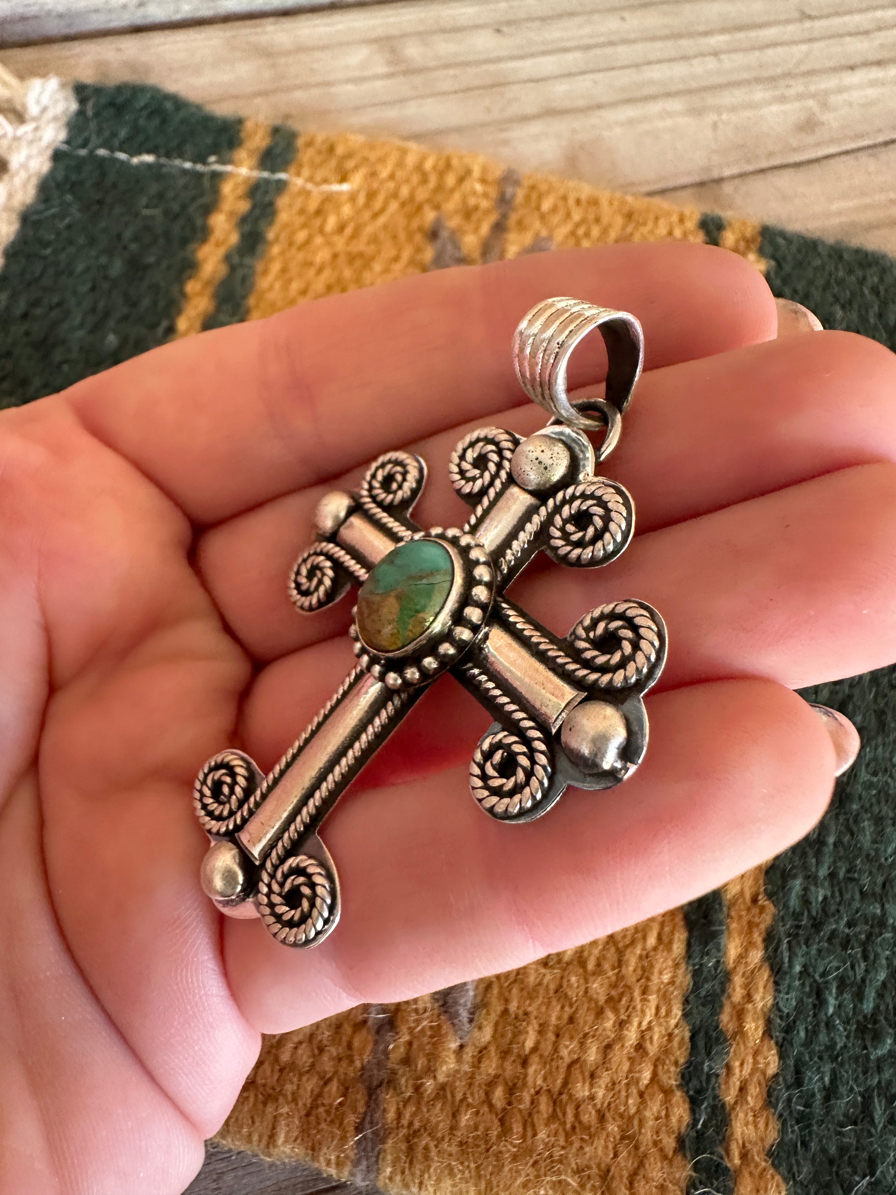 Handmade Turquoise & Sterling Silver Cross Pendant Signed Nizhoni