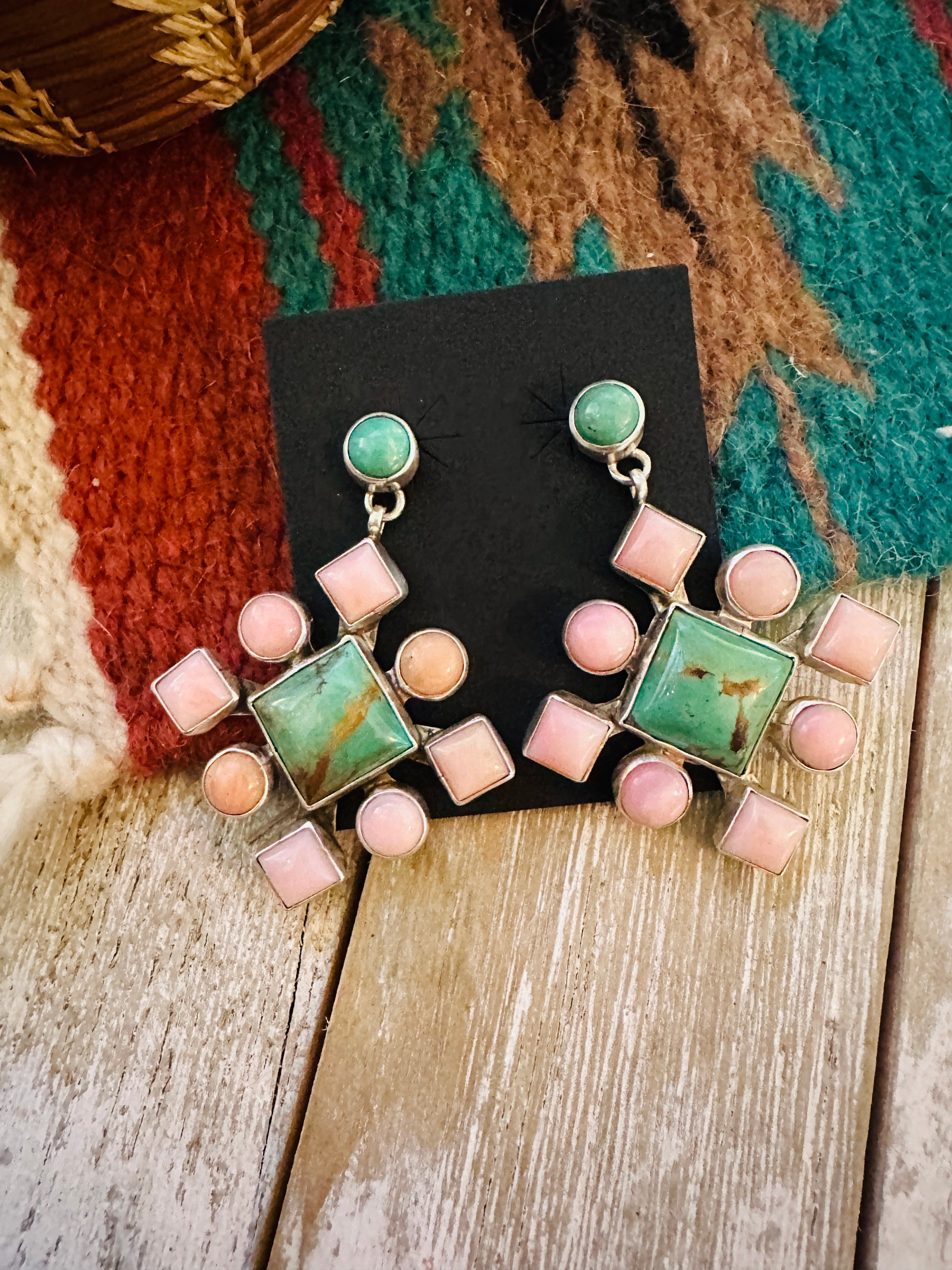Handcrafted Queen Pink Conch, Turquoise & Sterling Silver Cluster Dangle Earrings