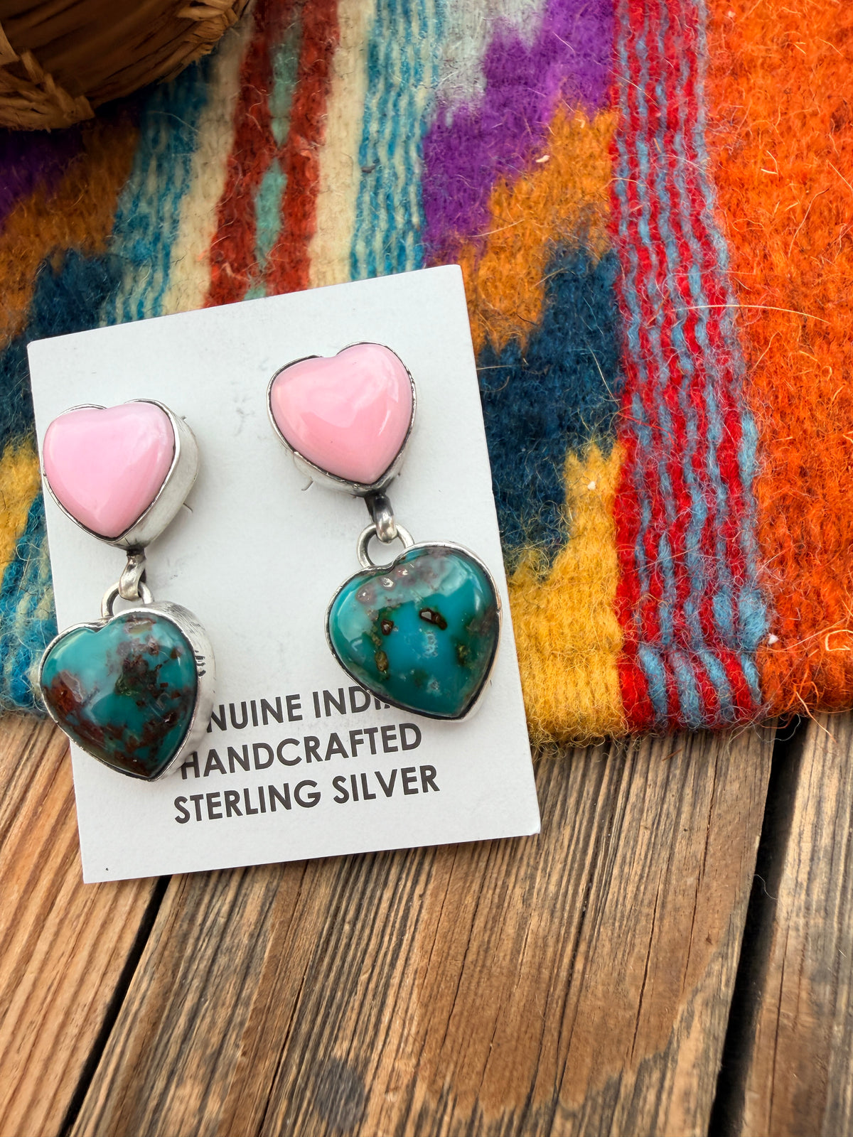 Handcrafted Turquoise, Queen Pink Conch & Sterling Silver Heart Dangle Earrings by Marcella James
