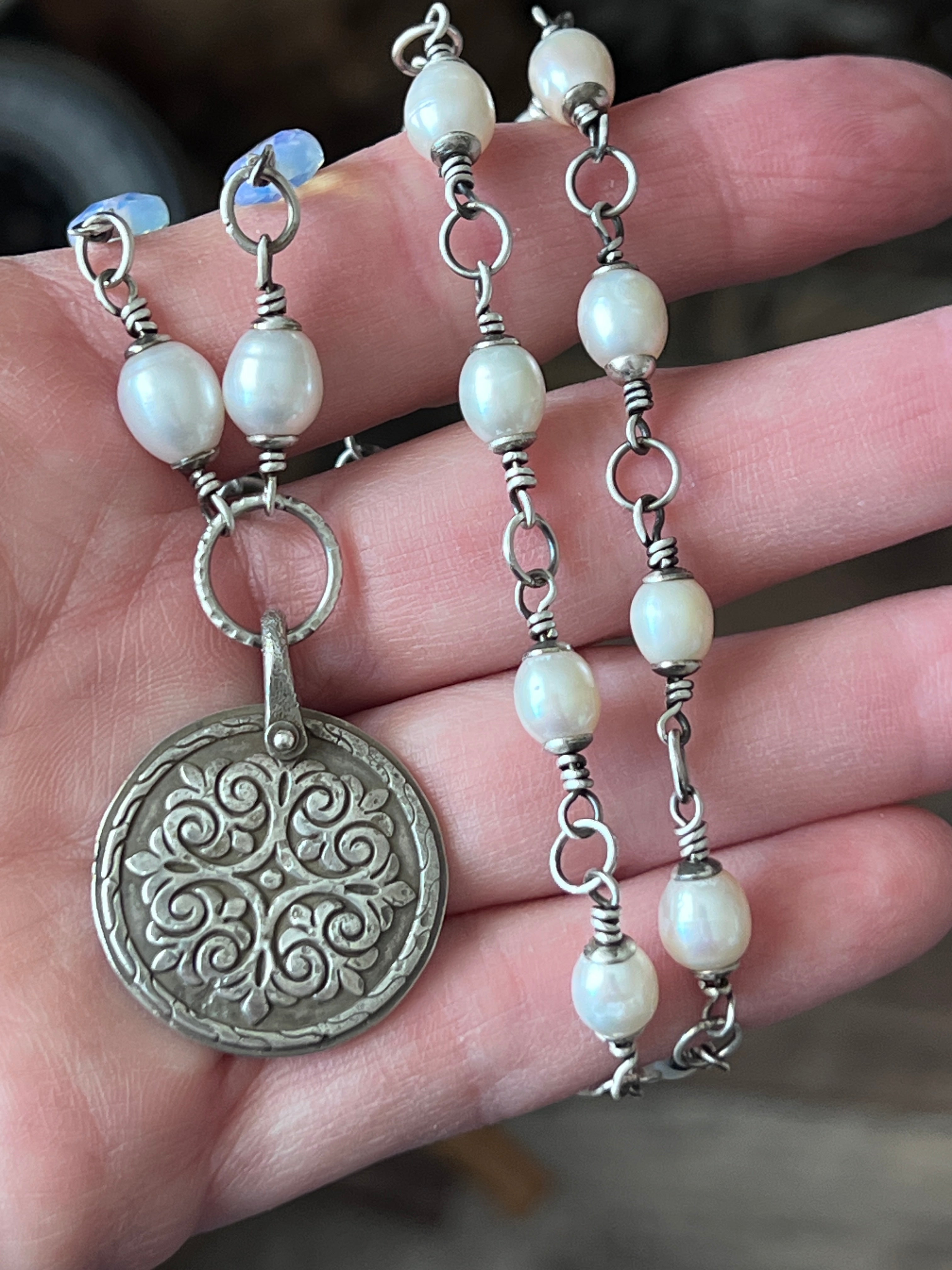 Tularosa Rosary Style Sterling Silver and Freshwater Pearl Siren’s Song Relic Coin Beaded Necklace
