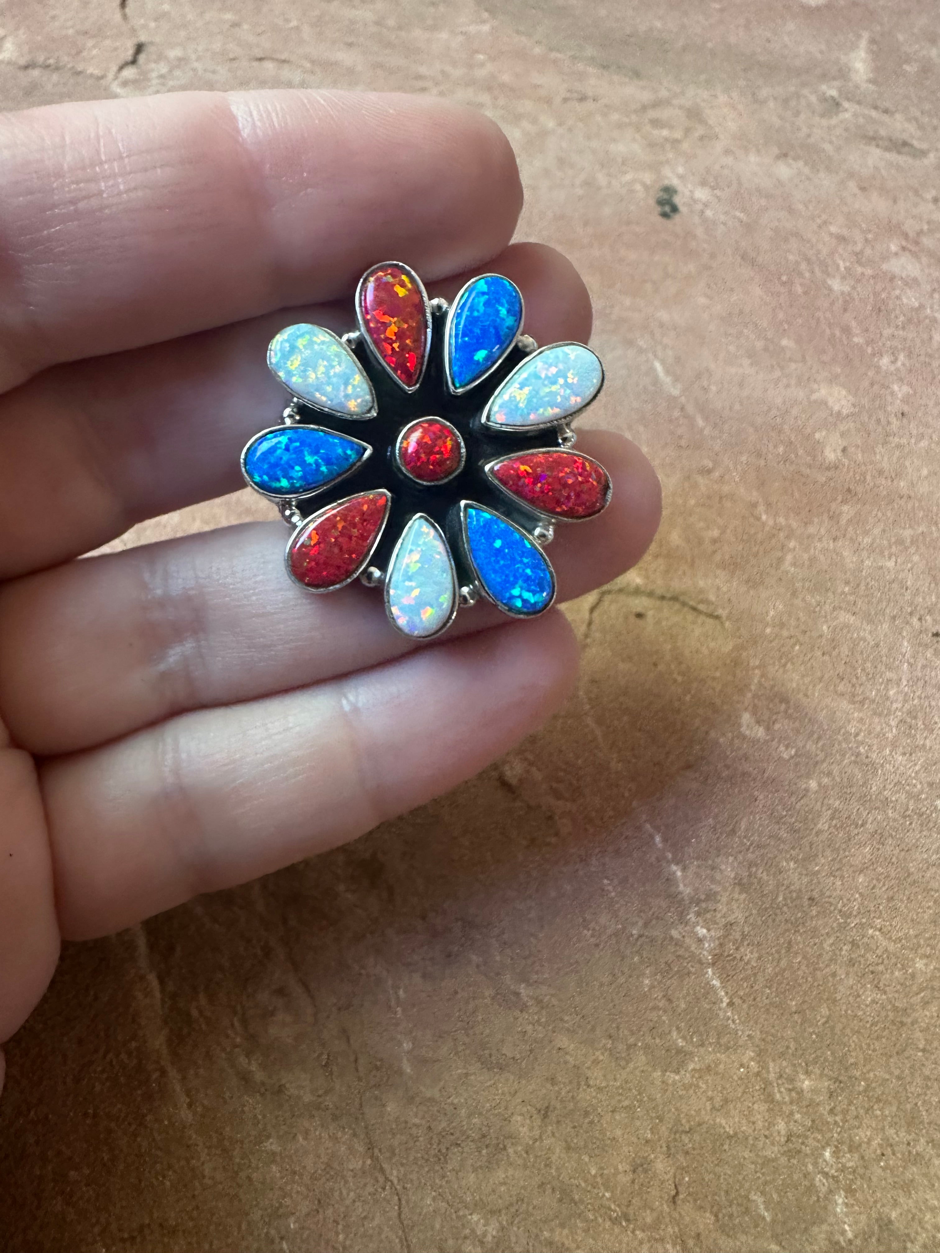 4TH OF JULY COLLECTION Handmade Red, White & Blue Fire Opal & Sterling Silver Adjustable Ring Signed Nizhoni