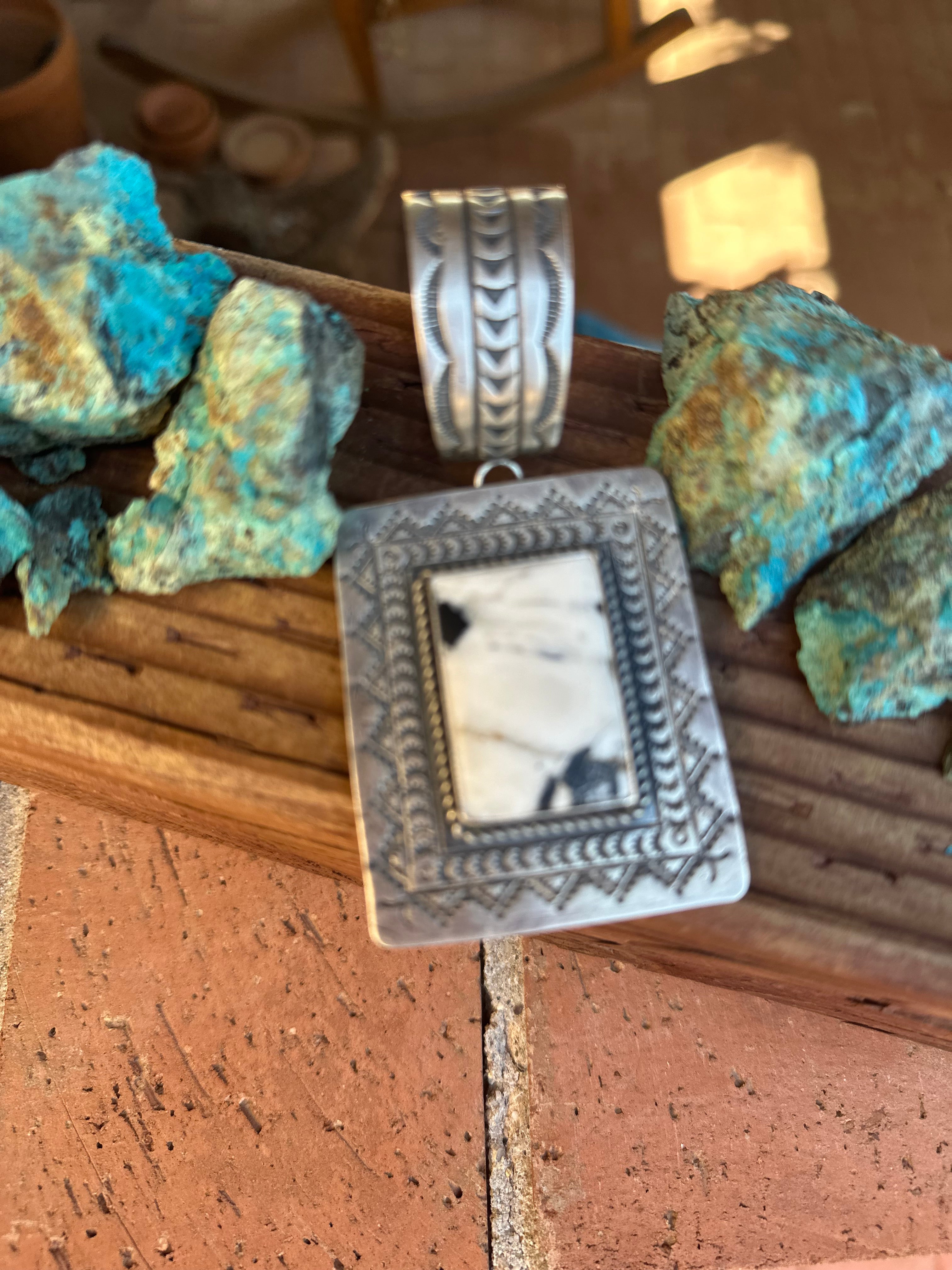 Navajo Hand Stamped Sterling Silver & White Buffalo Concho Pendant