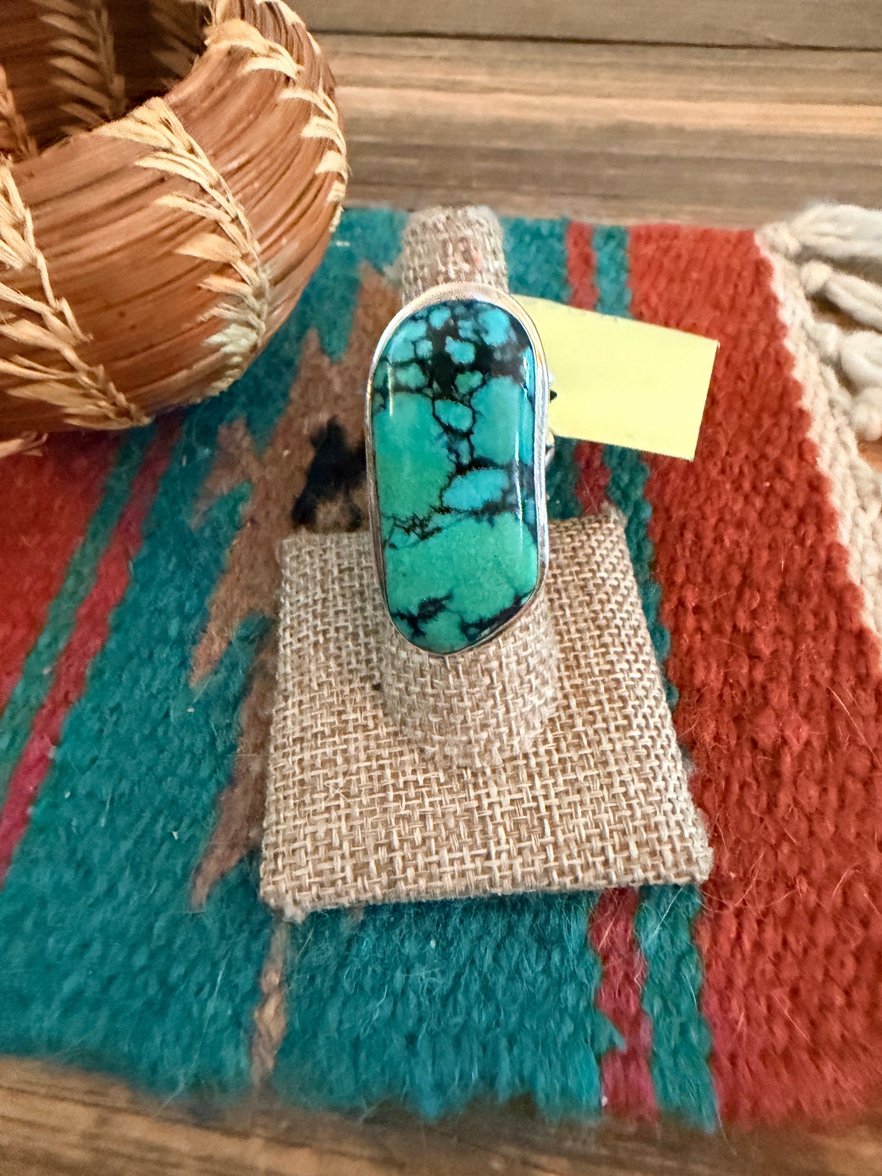Old Pawn Handcrafted Chinese Spiderweb Turquoise & Sterling Silver Ring Size 8
