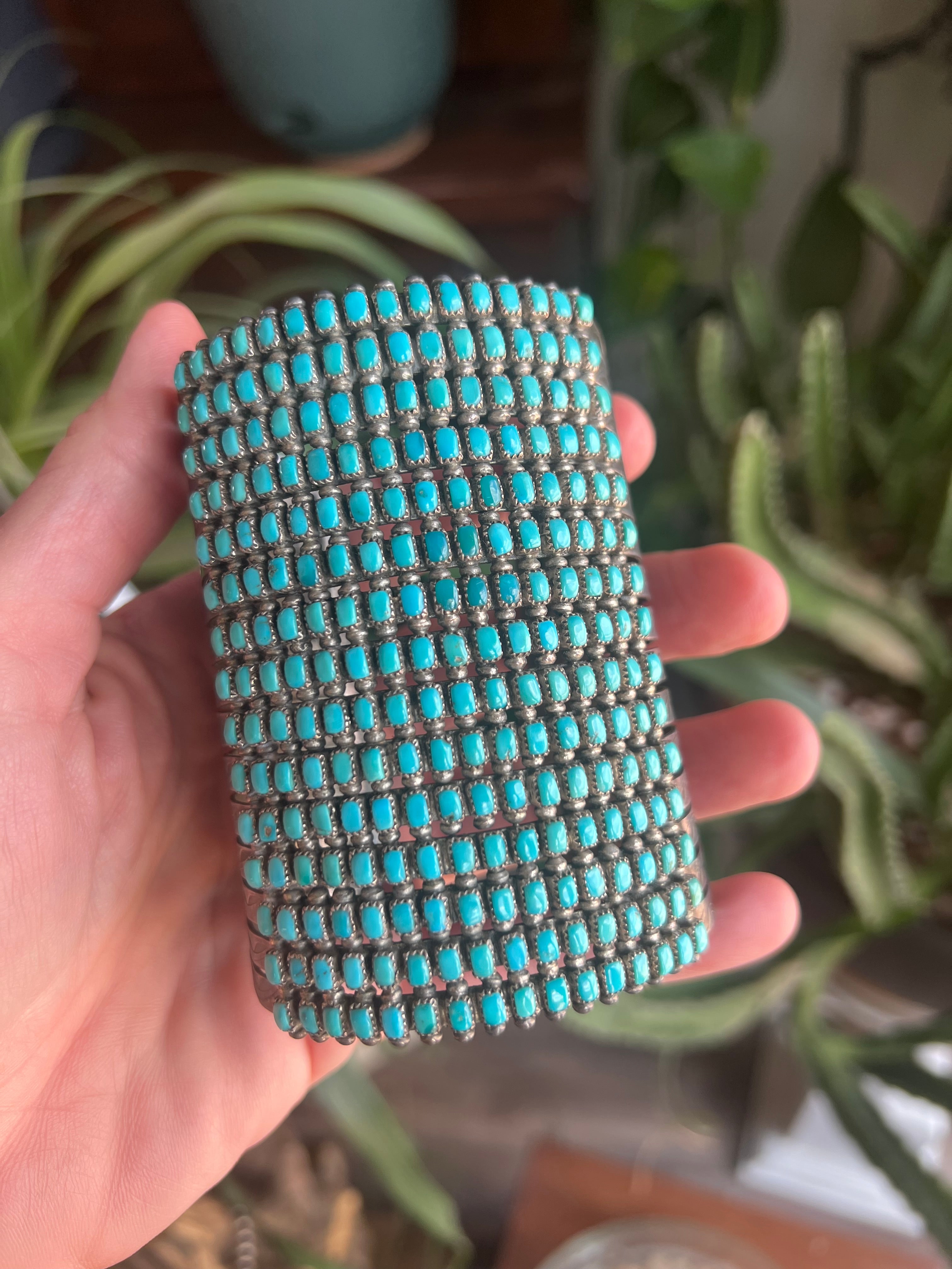 Handcrafted Stunning Old Pawn 15 Row Sterling Silver & Turquoise Gauntlet Style Cuff Bracelet by Clark Couyancy /