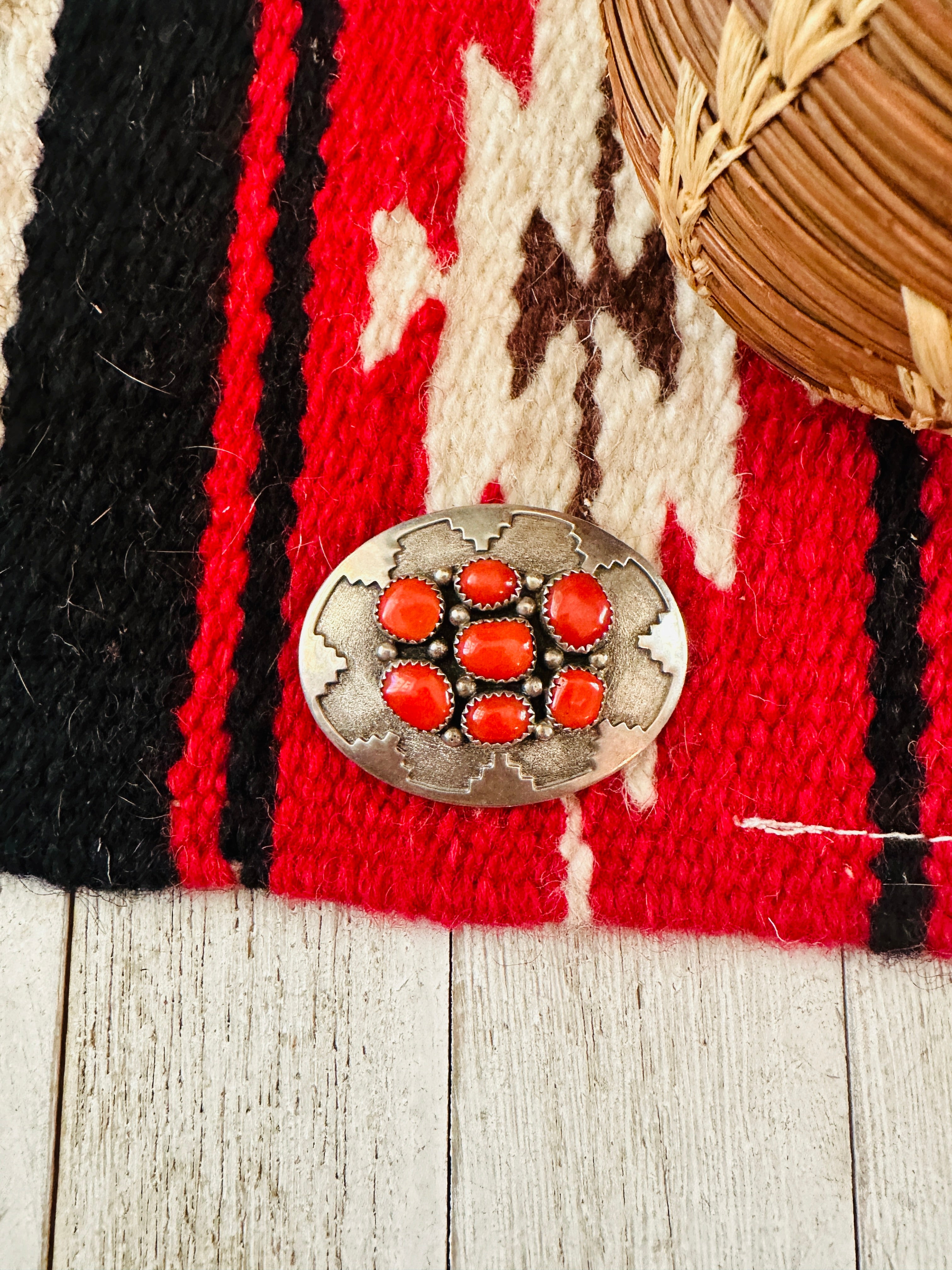 Navajo Sterling Silver and Coral Brooch