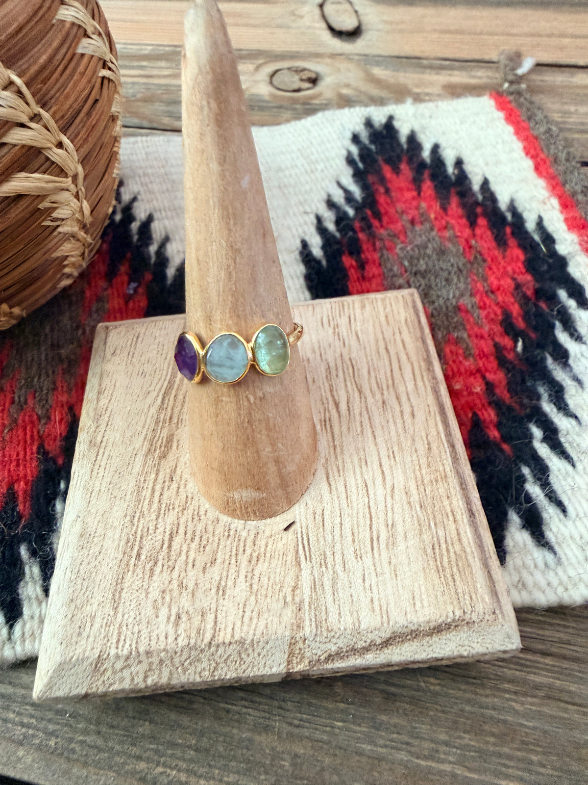 Handmade 18K Gold Vermeil Sterling Silver & Multi Stone Ring Size 7