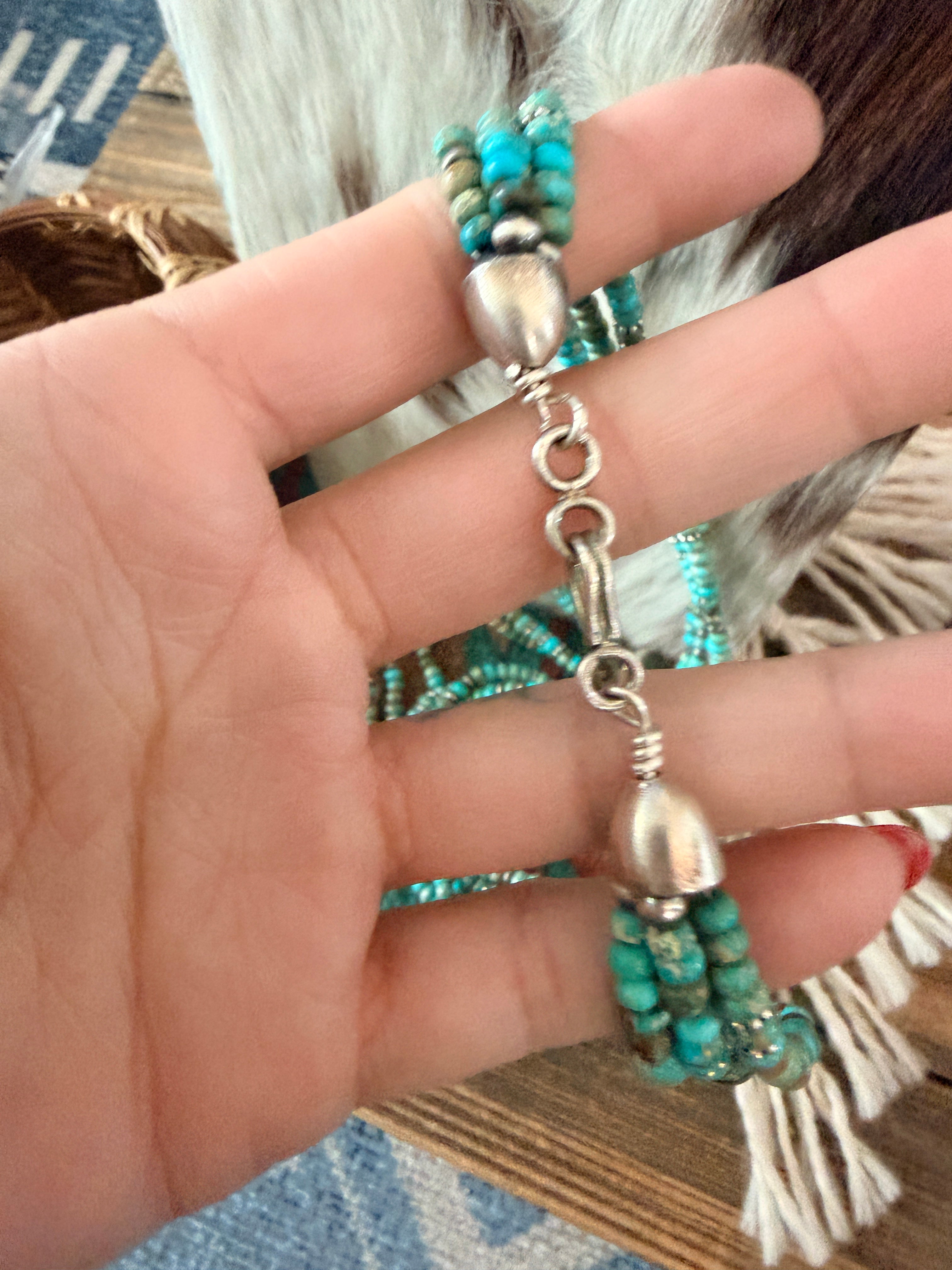 Handcrafted Turquoise & Sterling Silver Pearl 30" Beaded Necklace