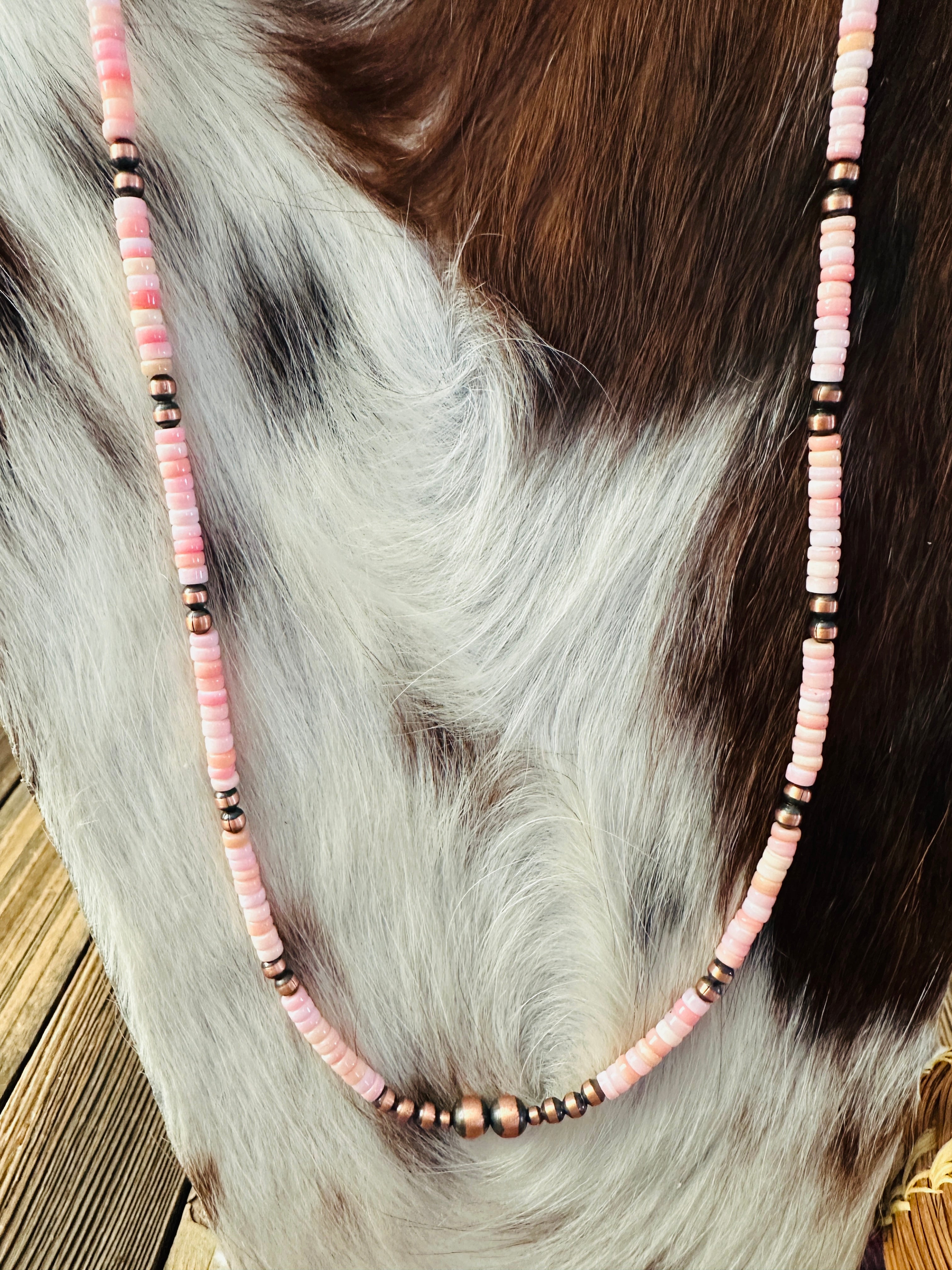 Handcrafted Queen Pink Conch & Copper 24” Beaded Necklace