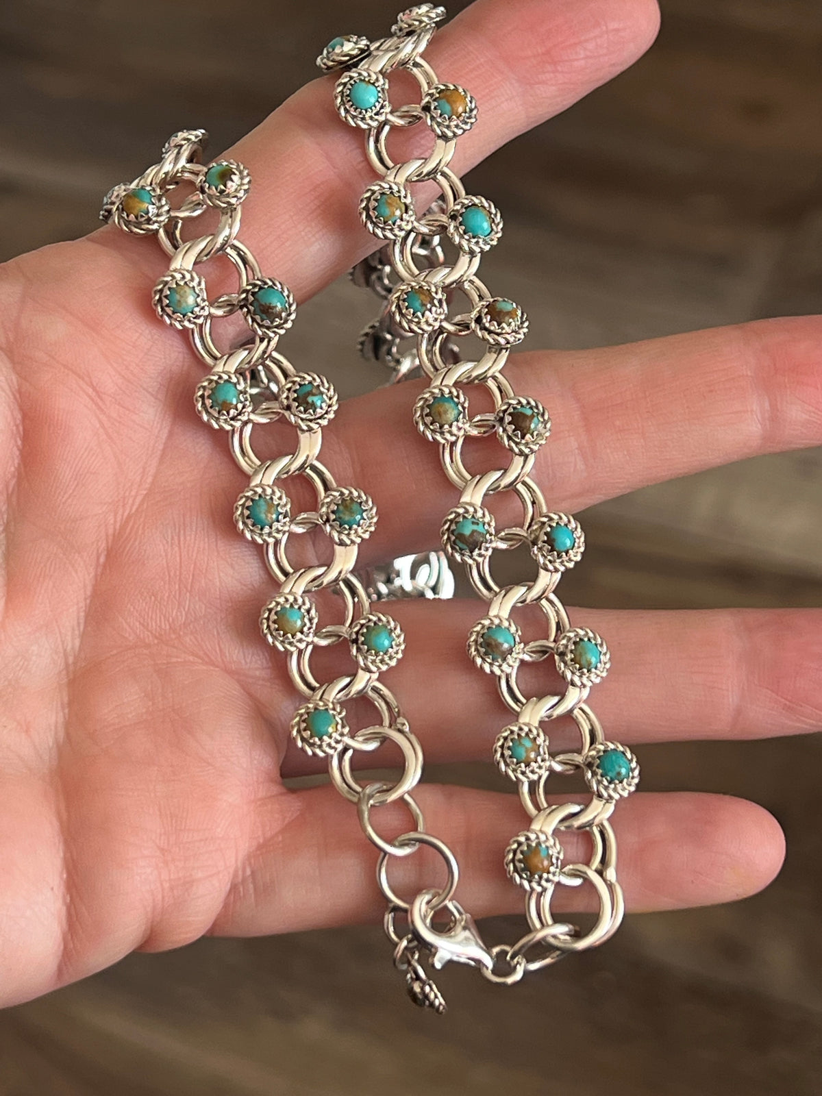 Handcrafted Sterling and Snake Eye Turquoise Link Necklace, Bracelet & Earrings by Dillon Cheama