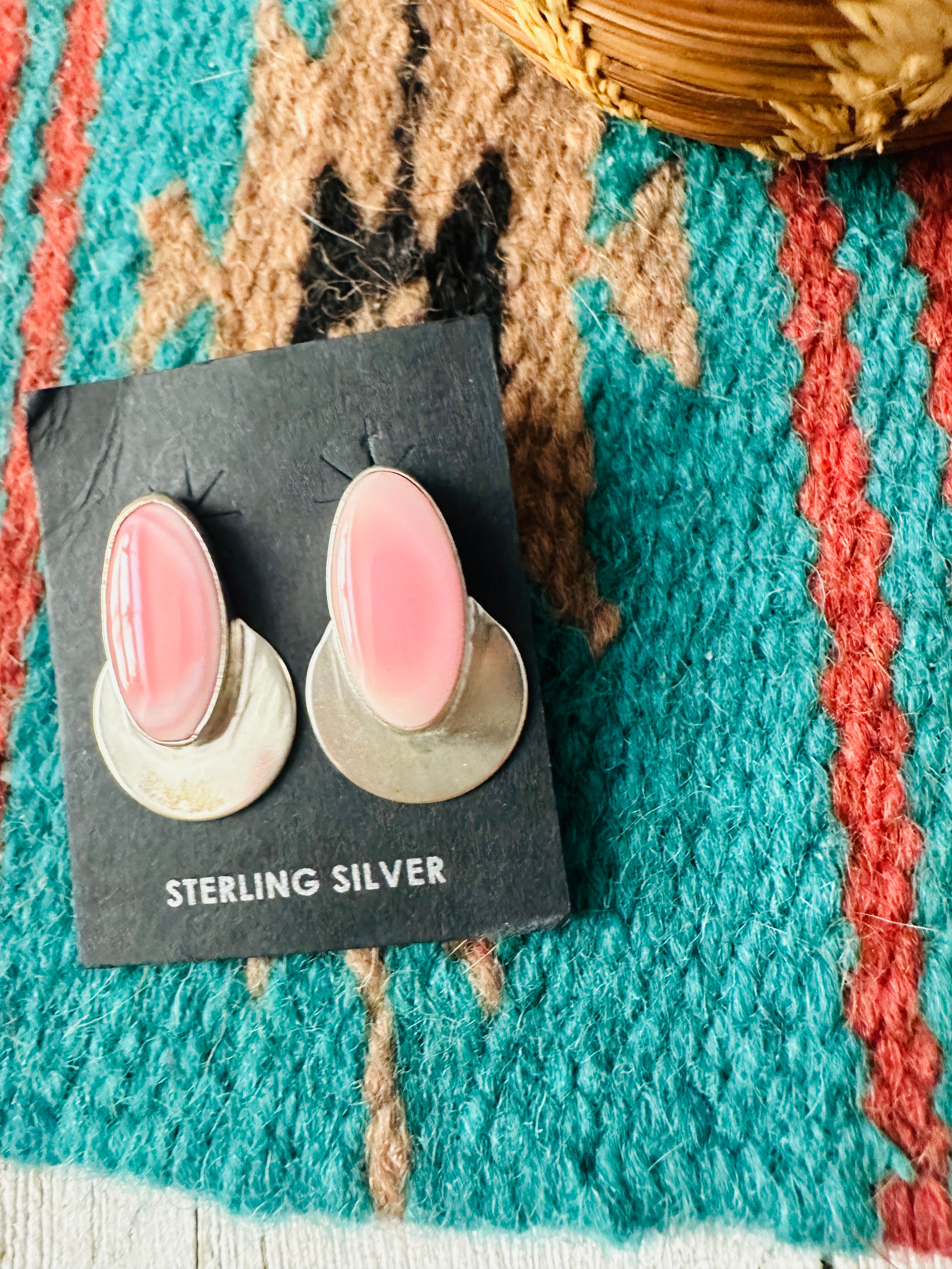 Navajo Sterling Silver & Queen Pink Conch Post Earrings