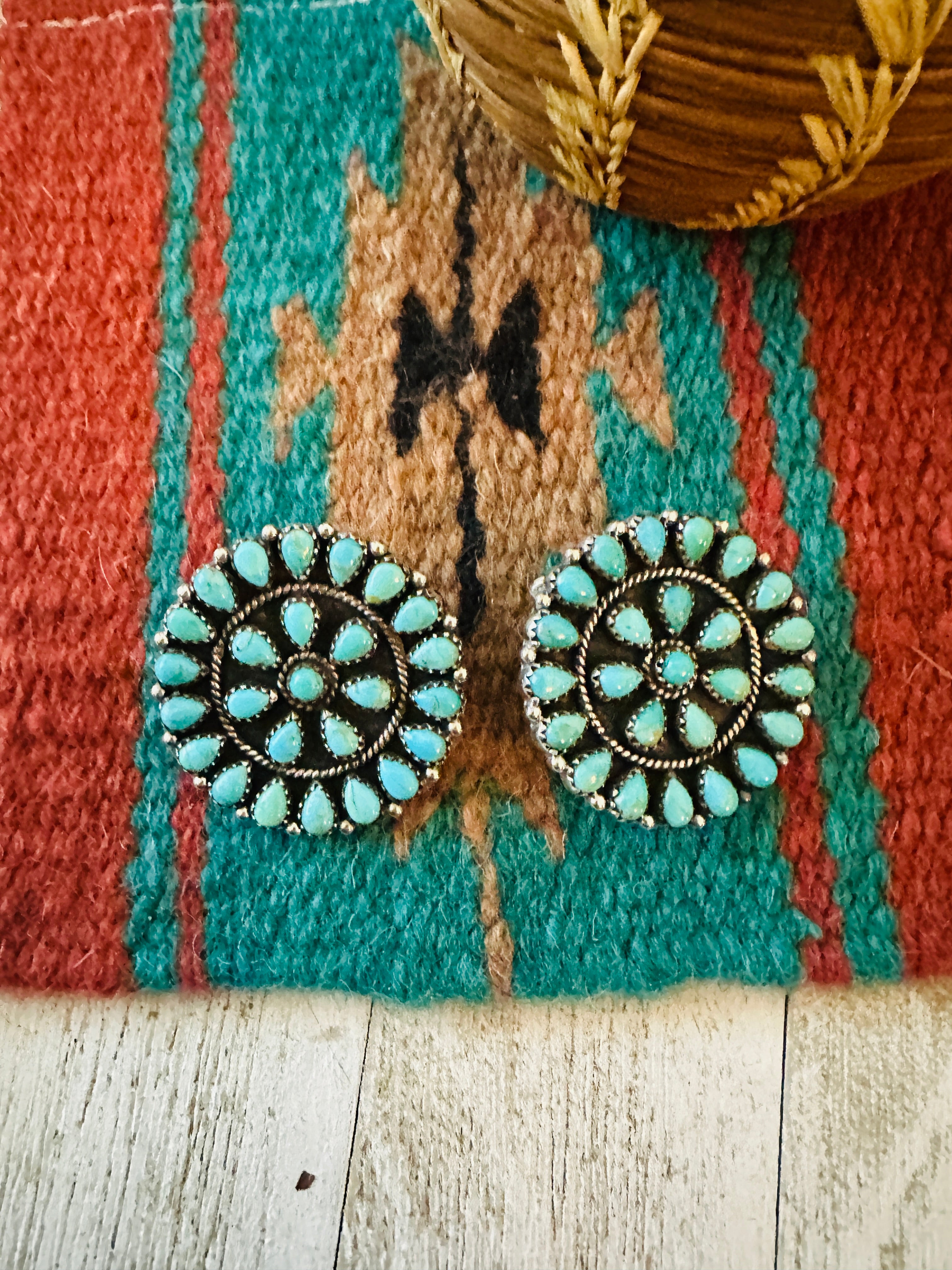 Handmade Turquoise & Sterling Silver Cluster Post Earrings Signed Nizhoni 1.5”