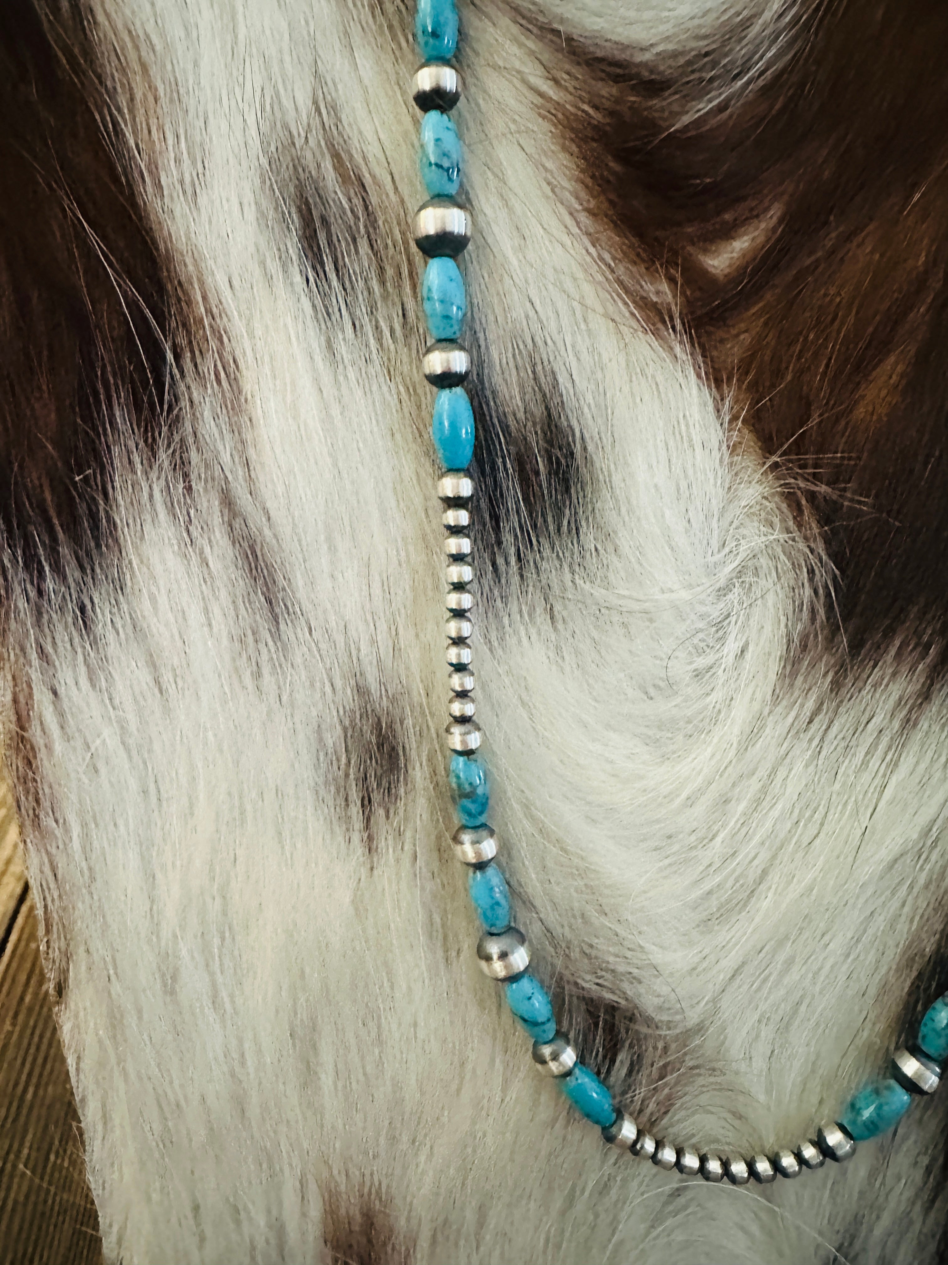 Handcrafted Turquoise & Sterling Silver Pearl 20” Beaded Necklace
