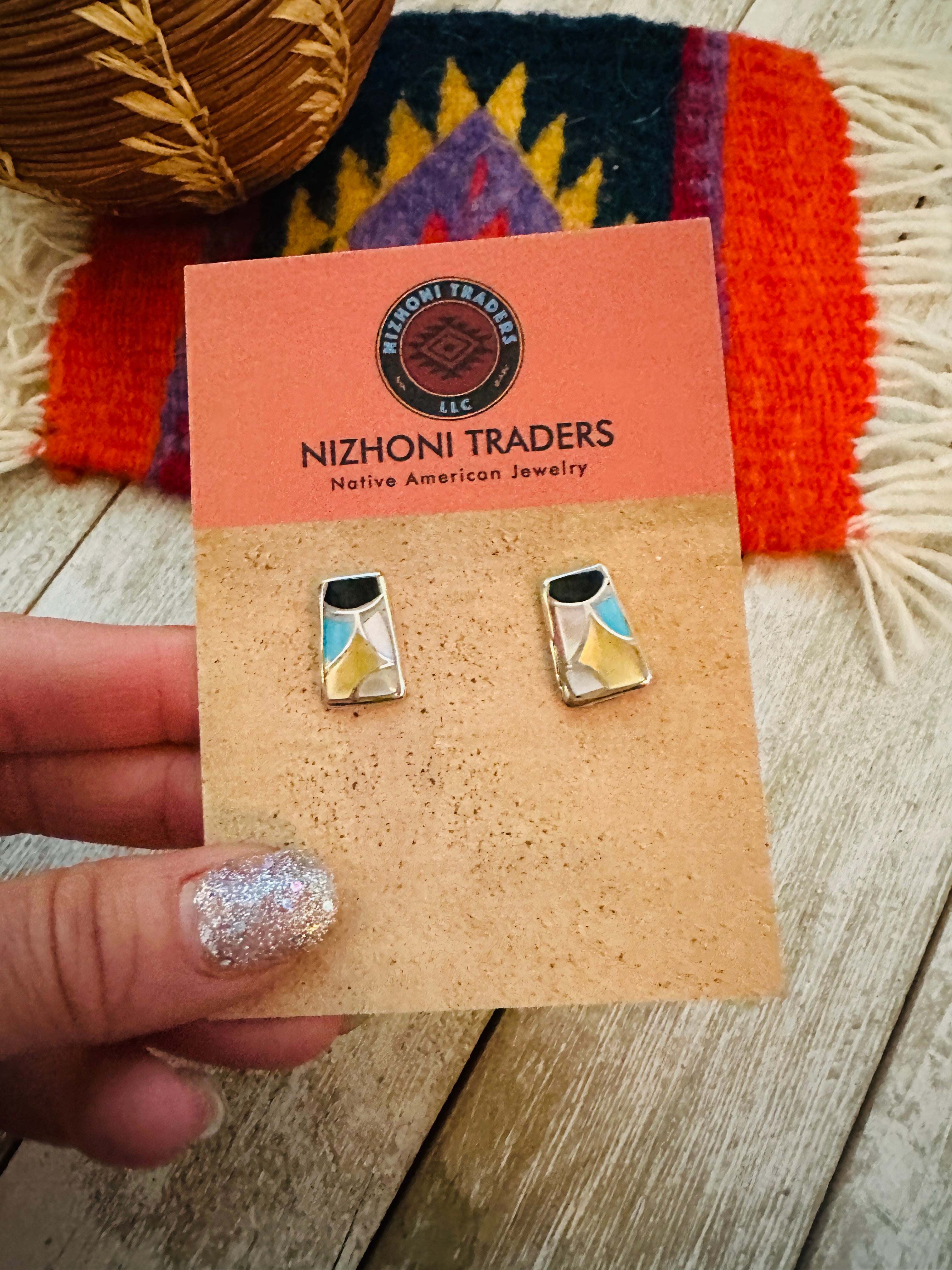 Zuni Multi Stone & Sterling Silver Inlay Stud Earrings