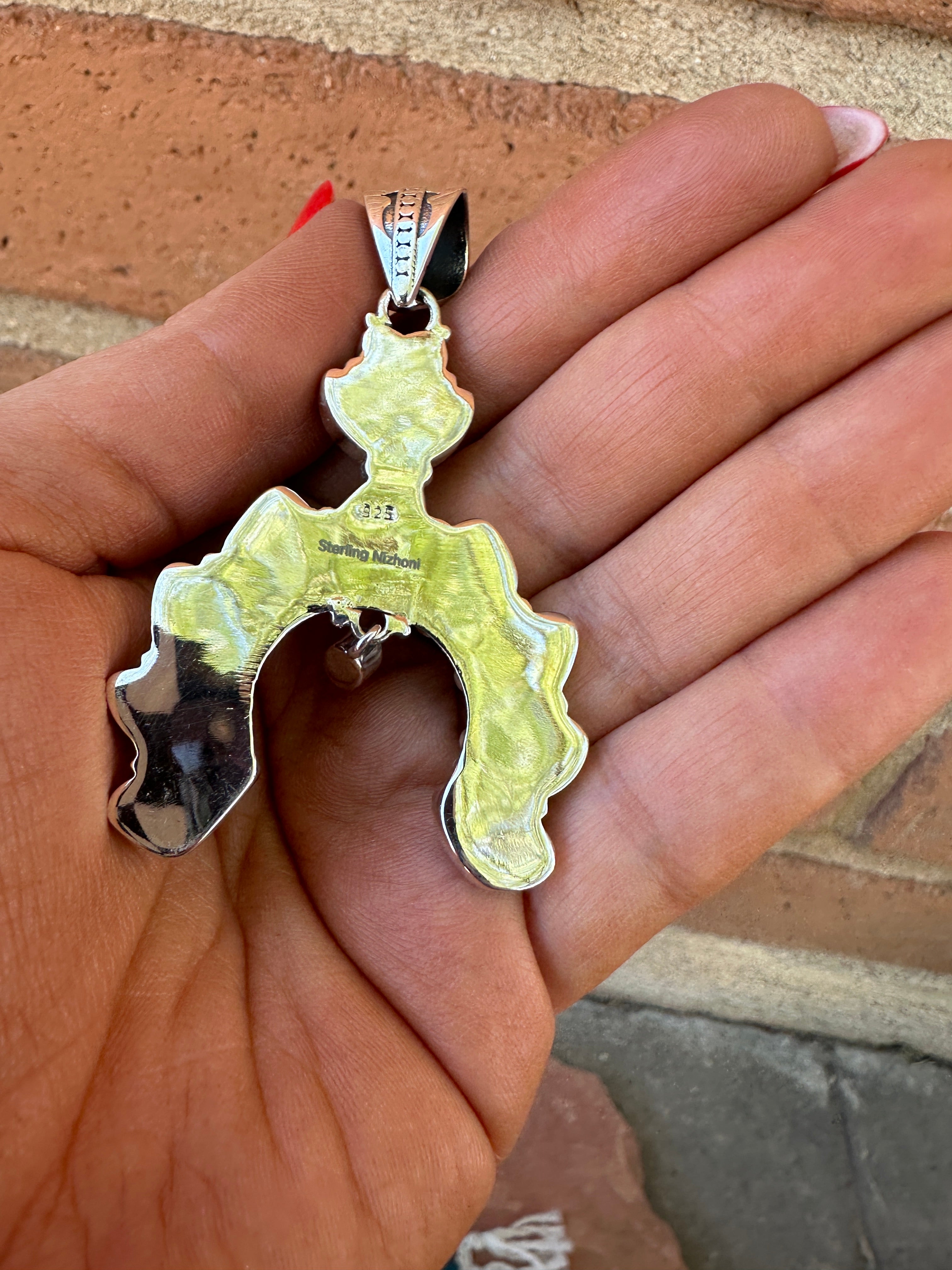 Beautiful Handmade Sterling Silver, Coral & Golden Hills Turquoise Naja Pendant