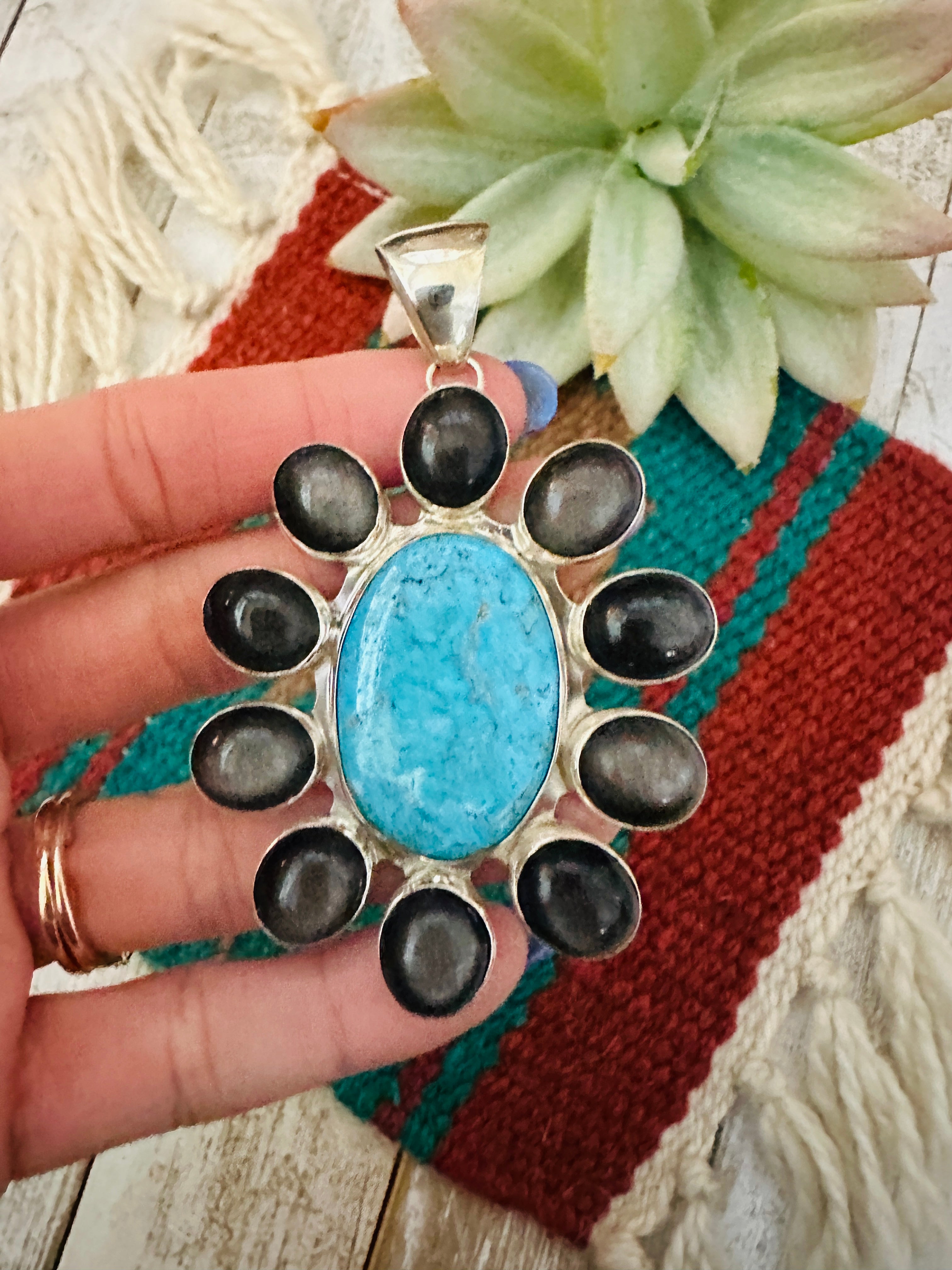 Navajo Black Abalone, Turquoise & Sterling Silver Cluster Pendant