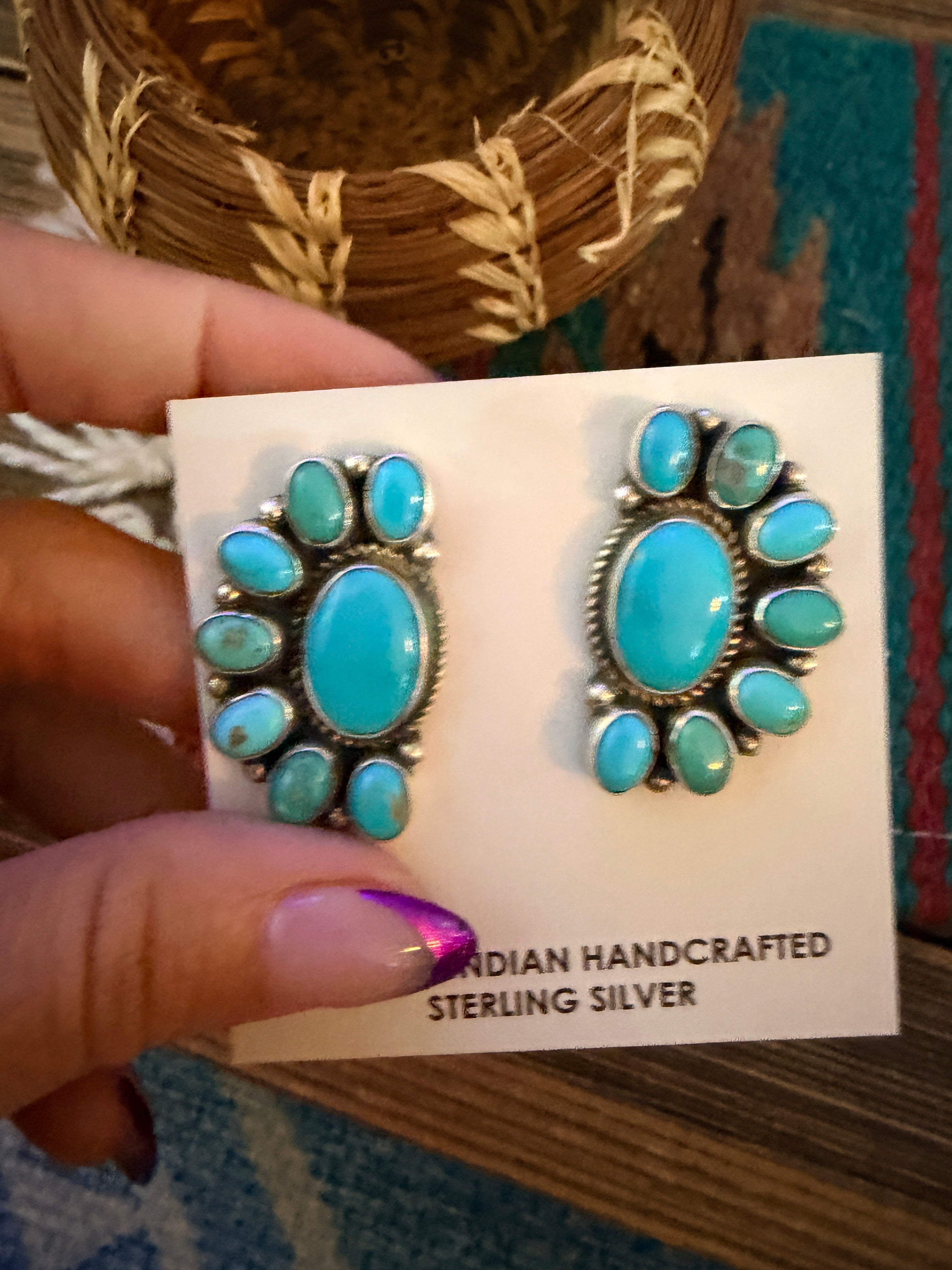 Handcrafted Turquoise & Sterling Silver Cluster Post Earrings by Genevieve James