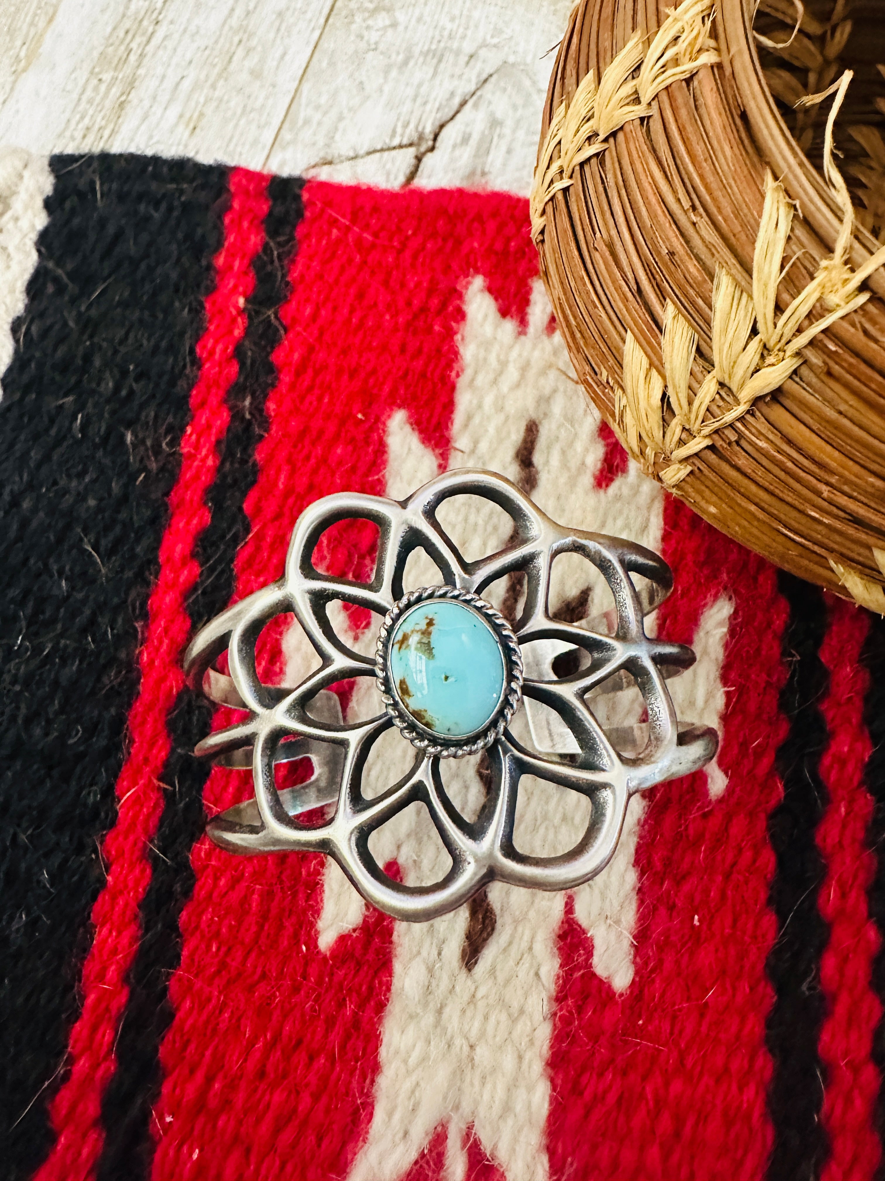 Handcrafted Golden Hills Turquoise & Sterling Silver Flower Cuff Bracelet