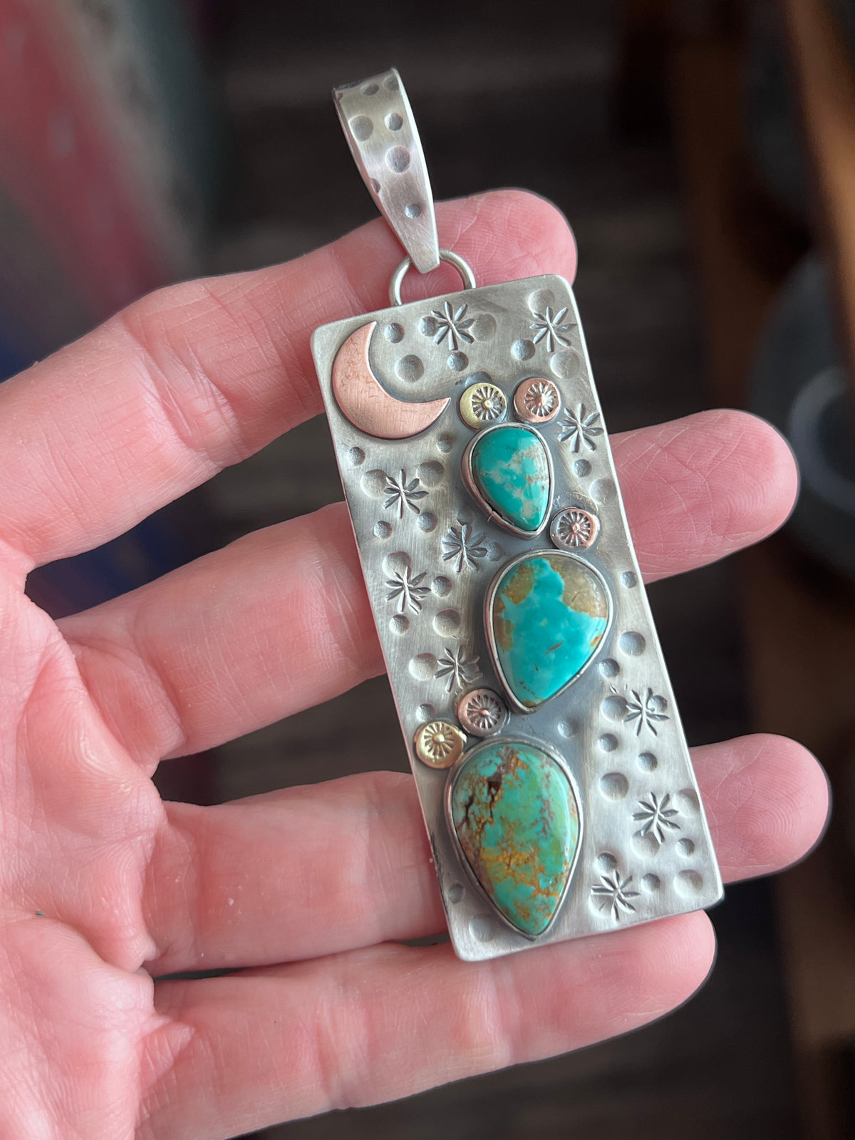 Kimari Somers Hand Stamped Sterling Silver, Copper, Brass & Kingman Turquoise Prickly Pear Cactus Moon Pendant