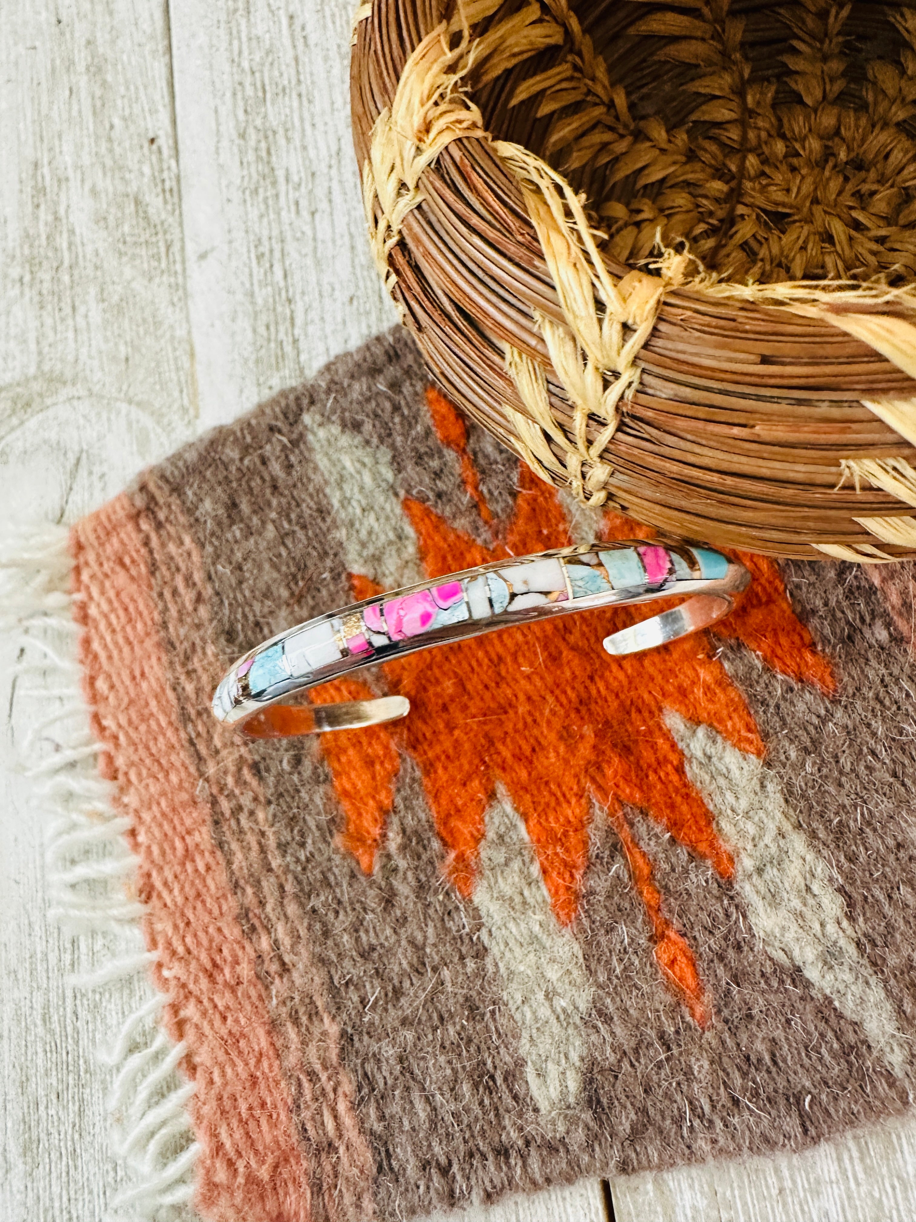 Handcrafted Cotton Candy & Sterling Silver Inlay Cuff Bracelet