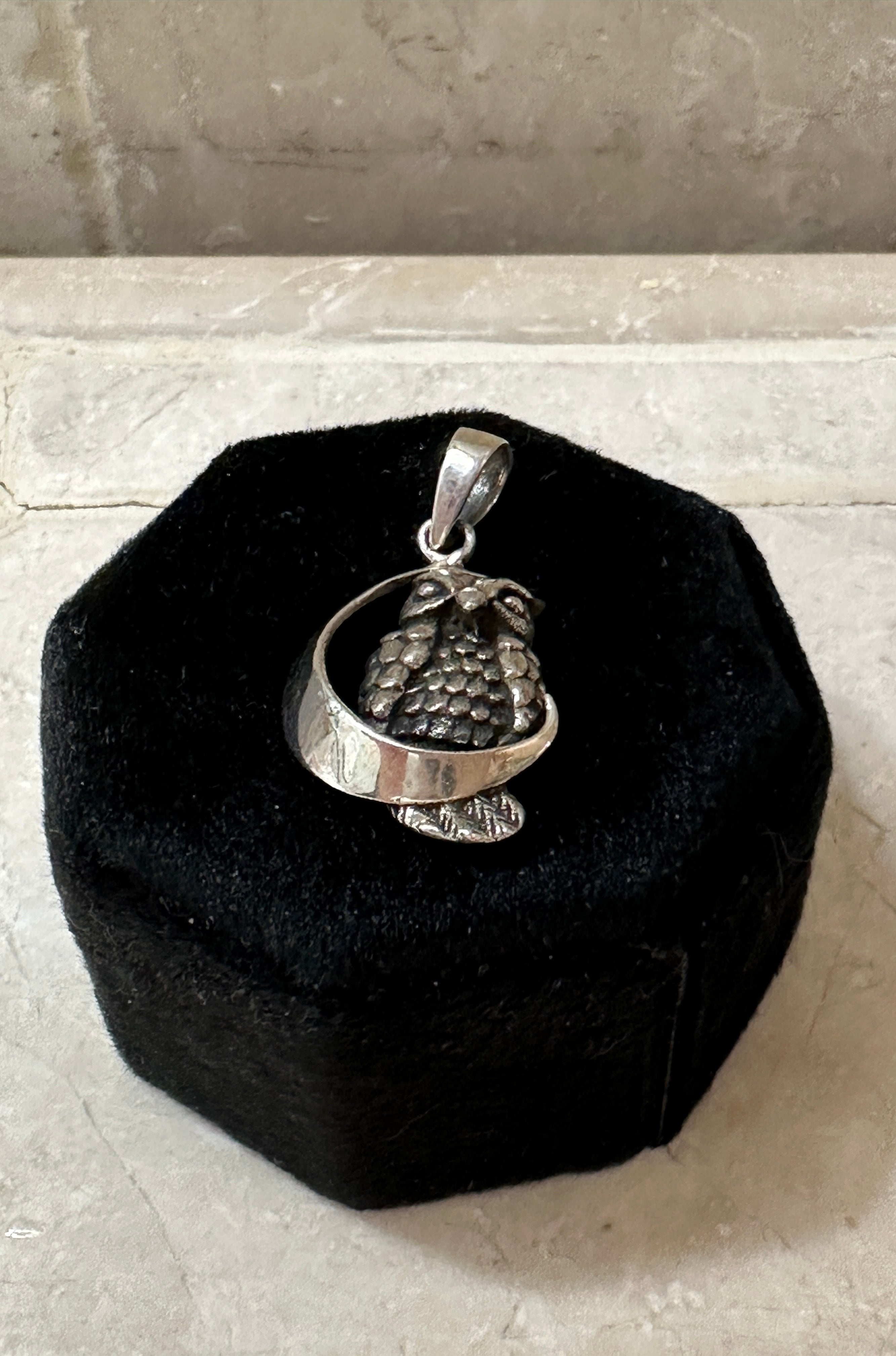 Owl on the Crescent Moon Sterling Silver Pendant