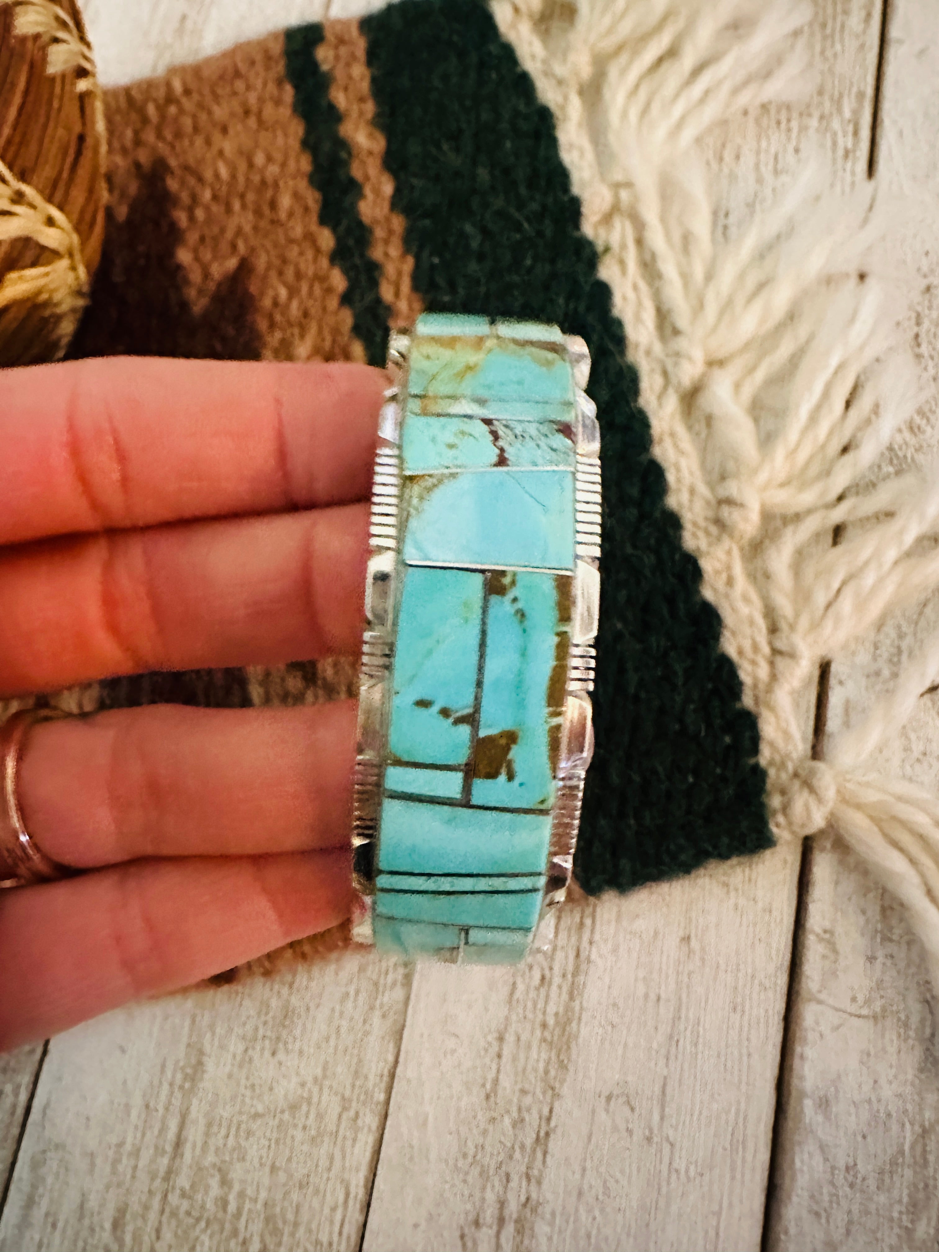 Navajo Number 8 Turquoise & Sterling Silver Inlay Cuff Bracelet