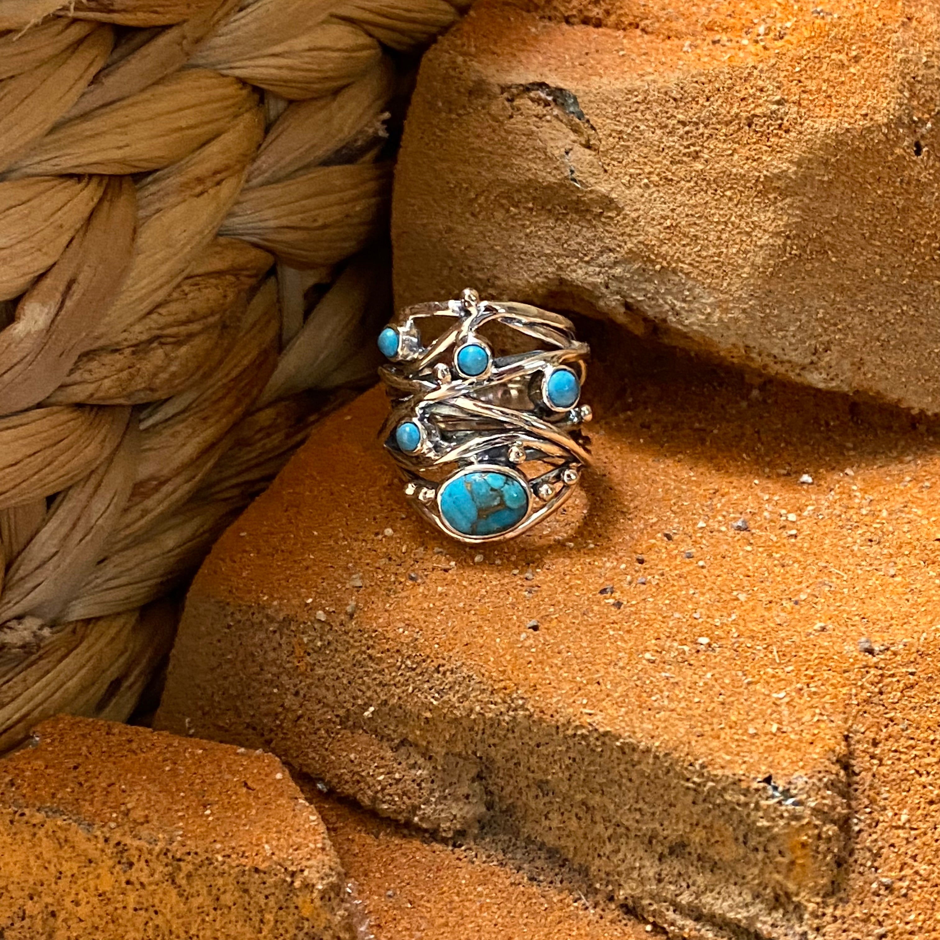 Sterling Silver Five Stone Copper Turquoise Strand Ring Size 8.5