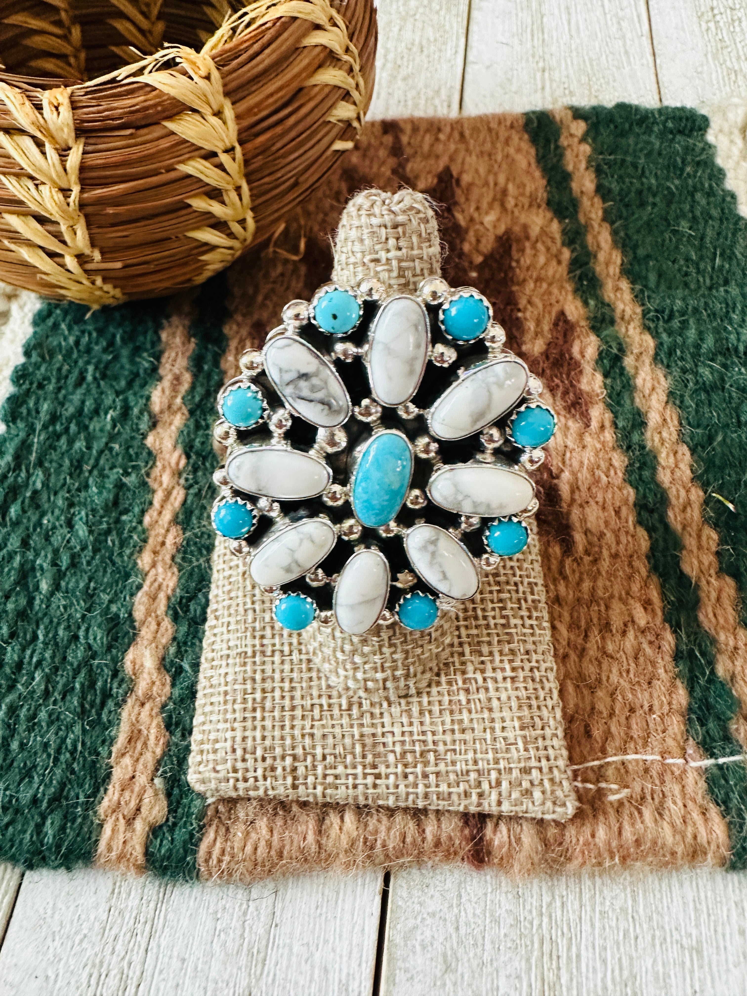 Handcrafted Sterling Silver, Turquoise & Howlite Cluster Adjustable Ring