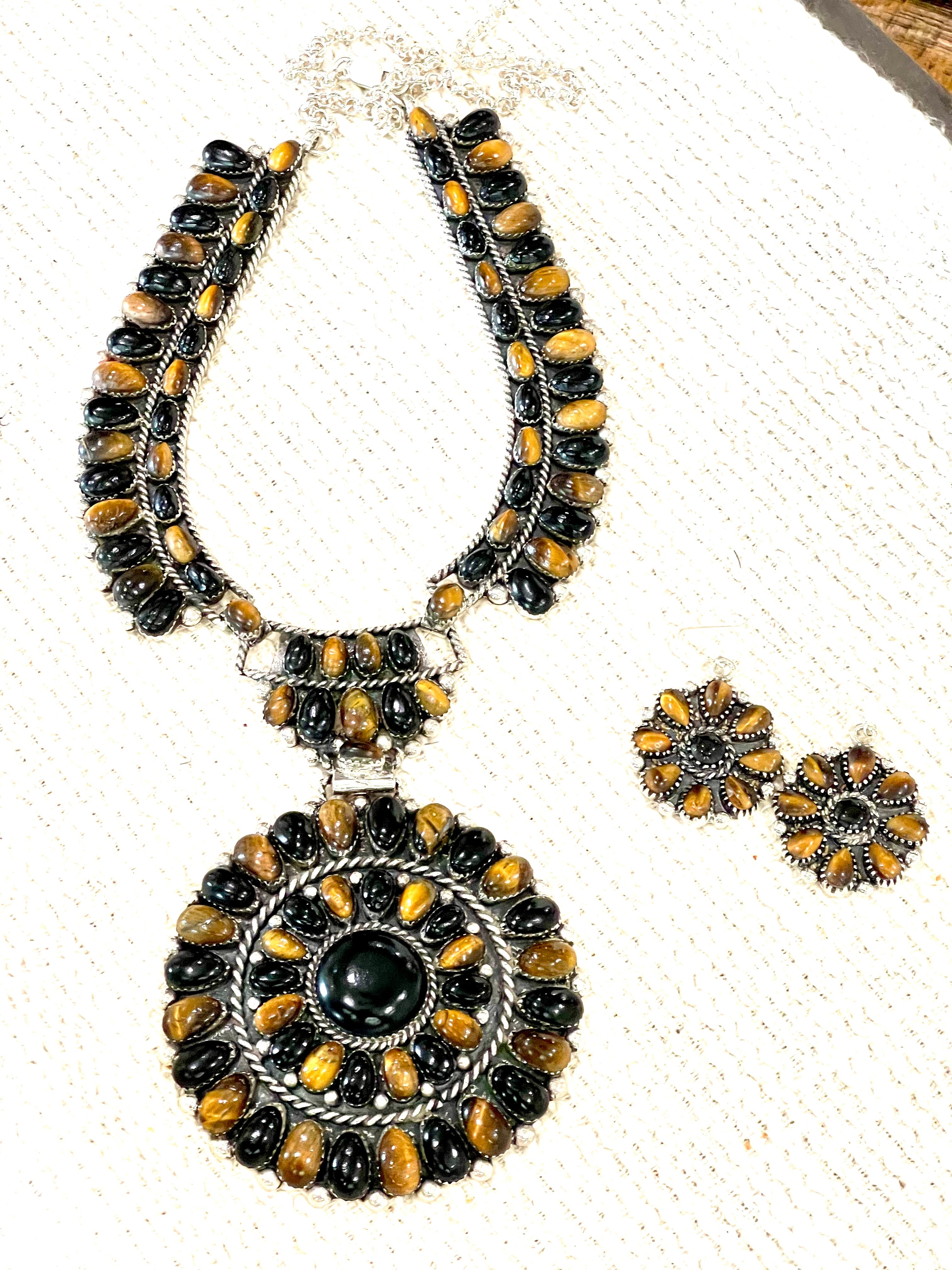 Beautiful Handmade Onyx, Tiger’s Eye & Sterling Silver Cluster Necklace And Earring set