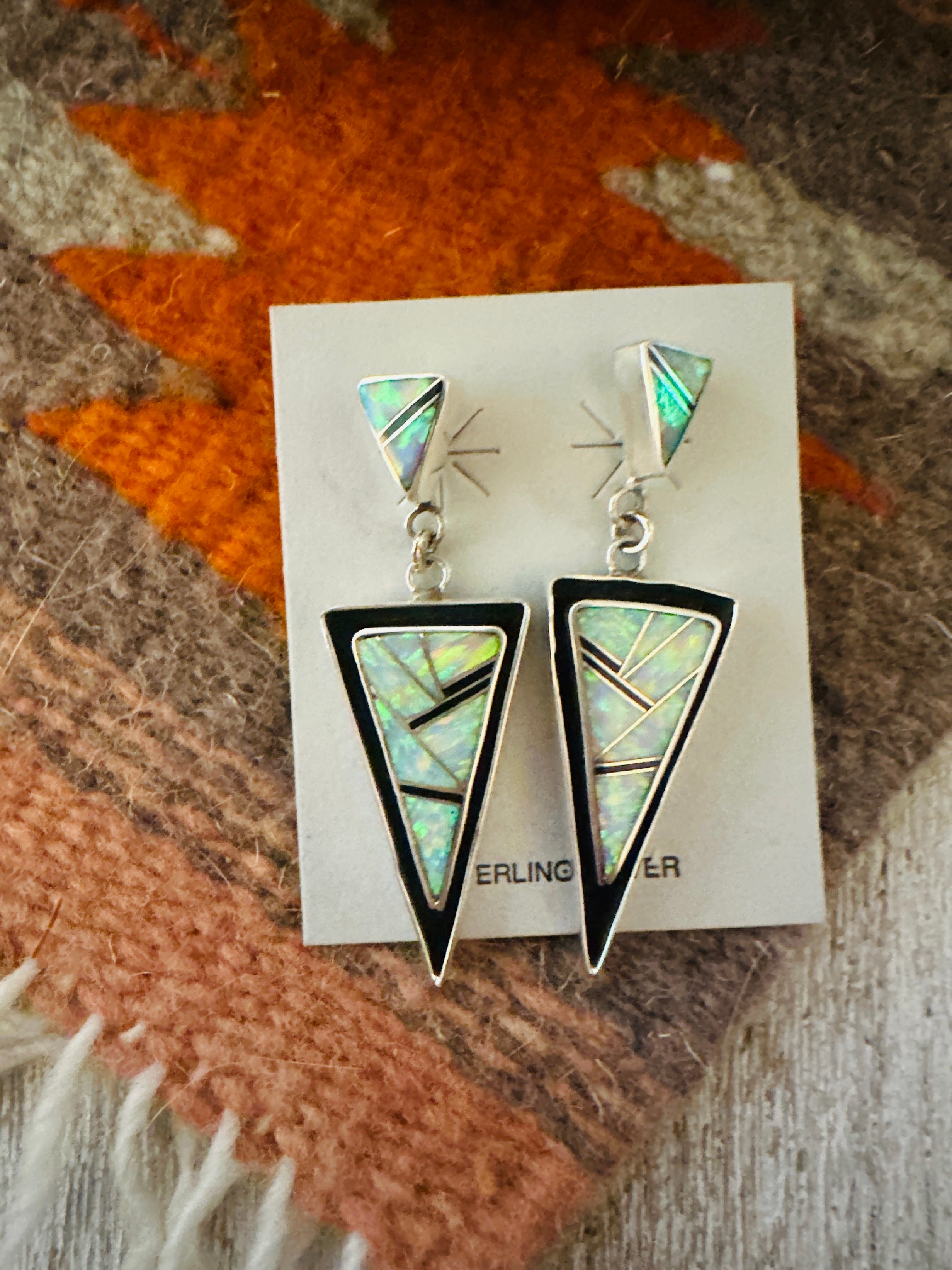 Handcrafted Opal & Sterling Silver Inlay Dangle Earrings