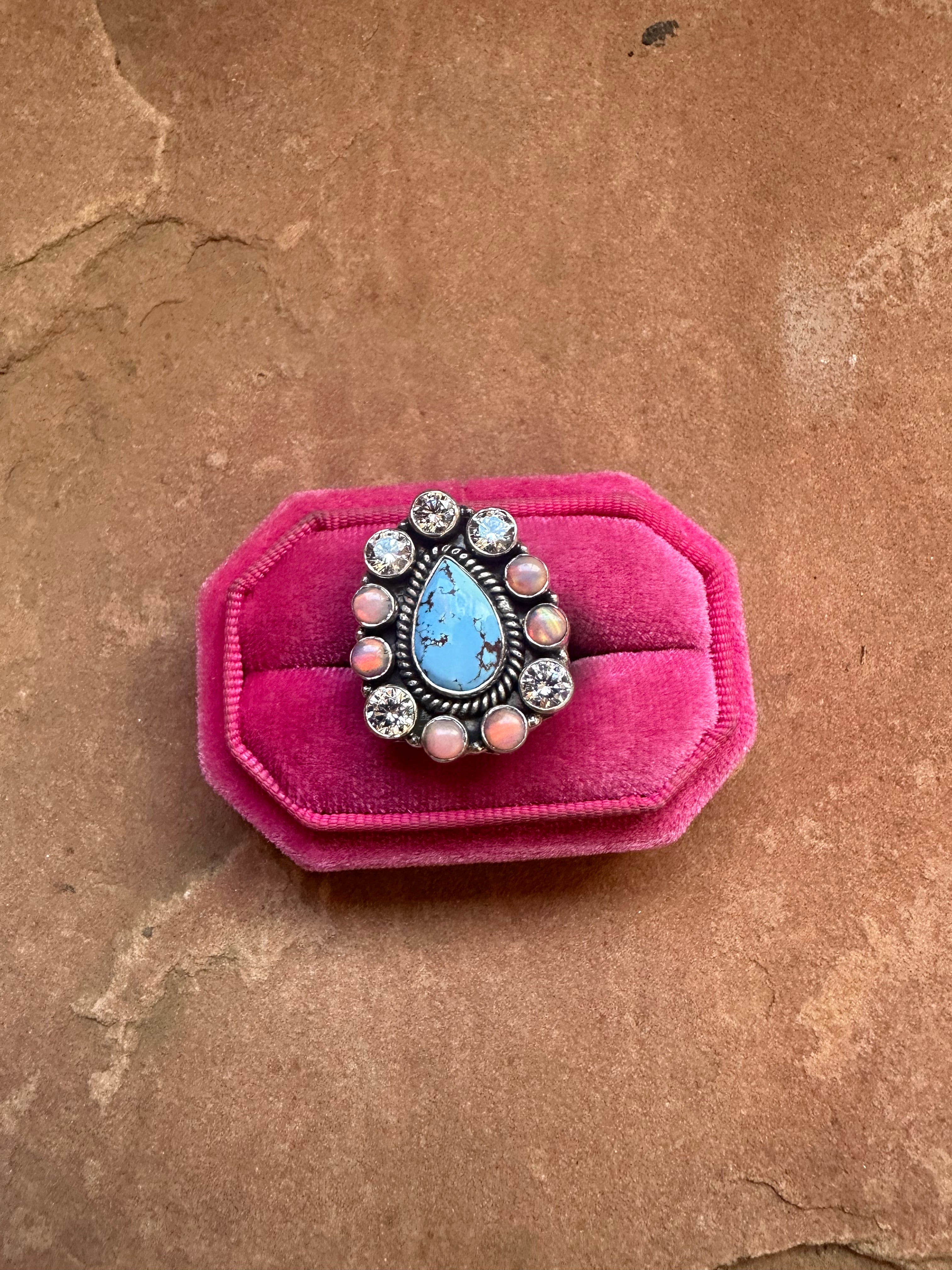 Handmade Pink Opal, CZ, Golden Hills Turquoise And Sterling Silver Adjustable Ring