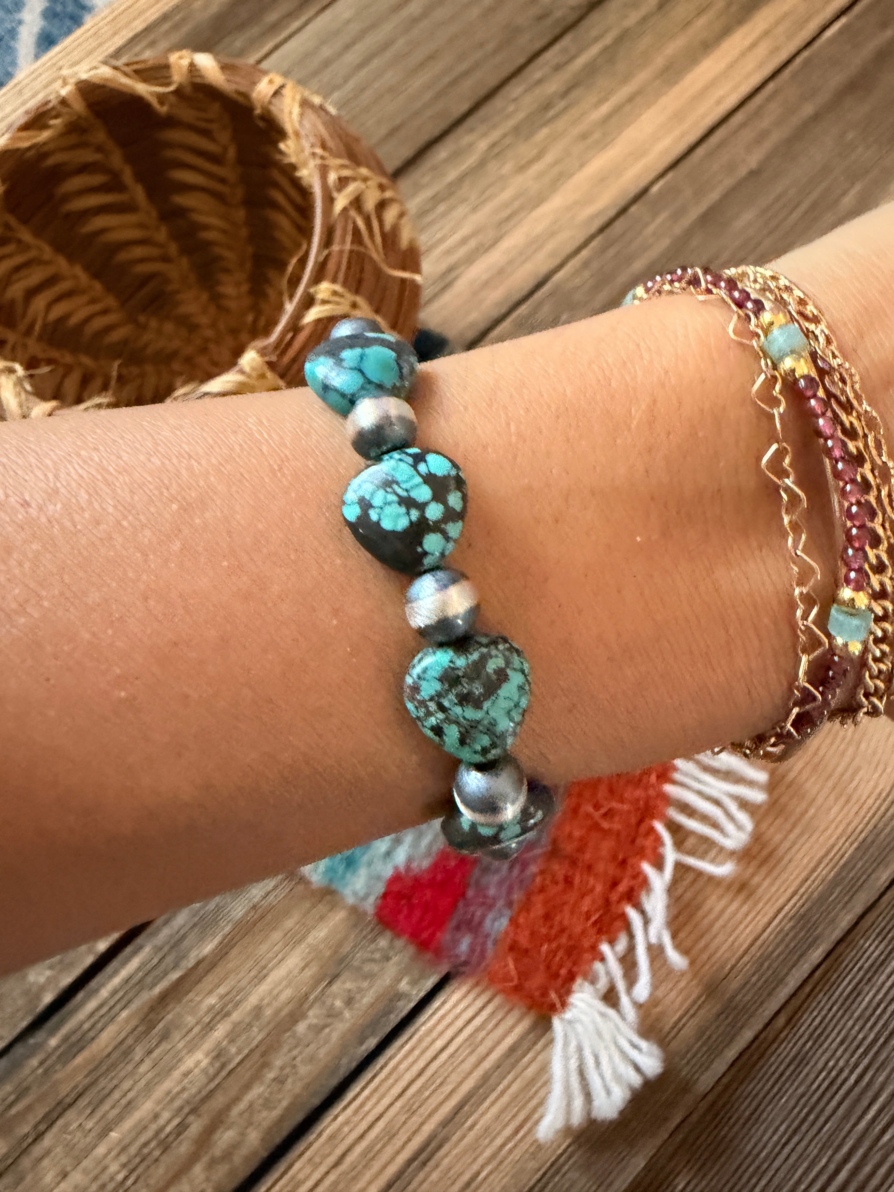 Handcrafted Turquoise & Sterling Silver Beaded Stretch Bracelet