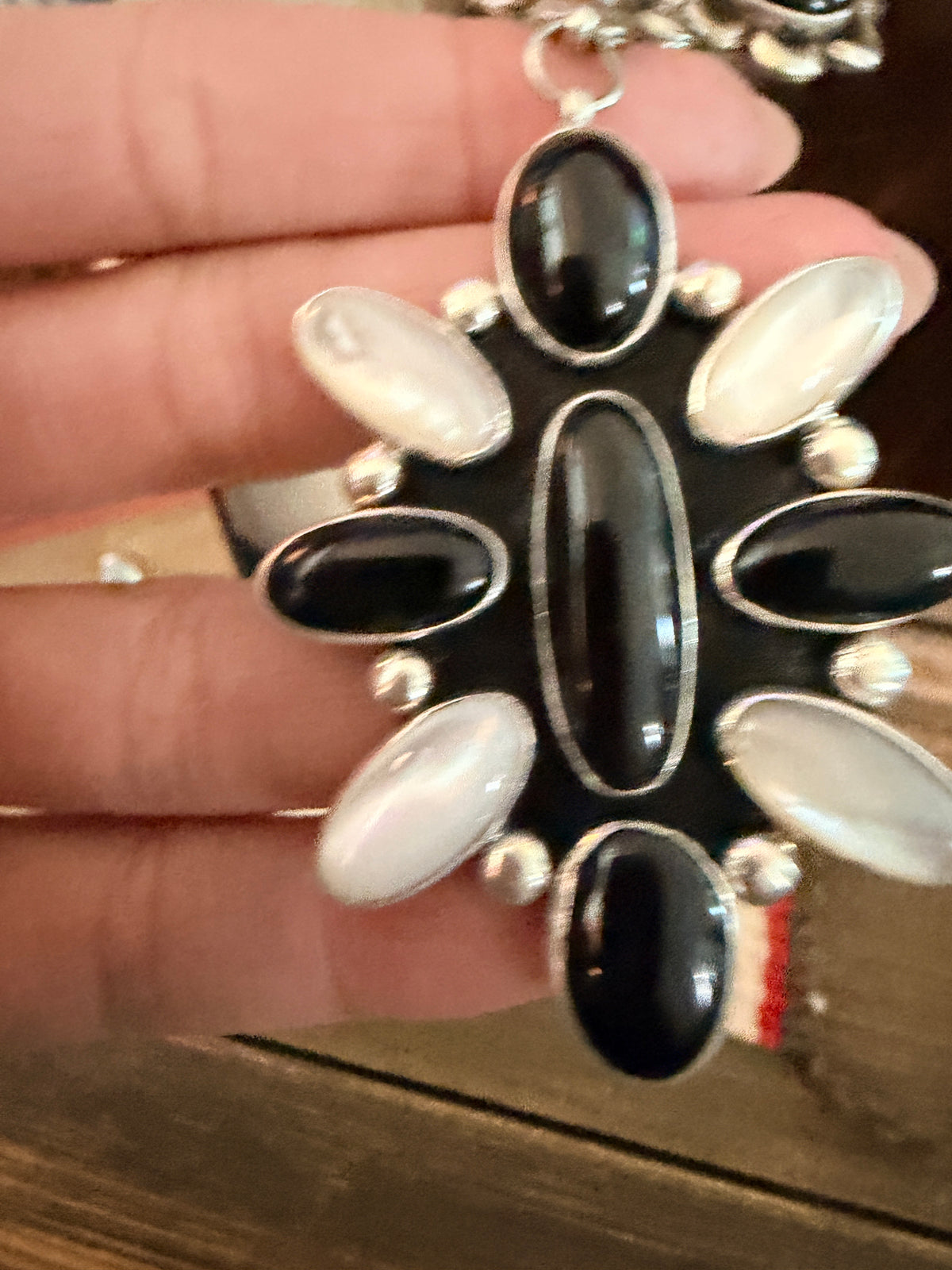 Handcrafted Onyx, Mother of Pearl & Sterling Silver Cluster Necklace and Earring Set by Larry Kaye