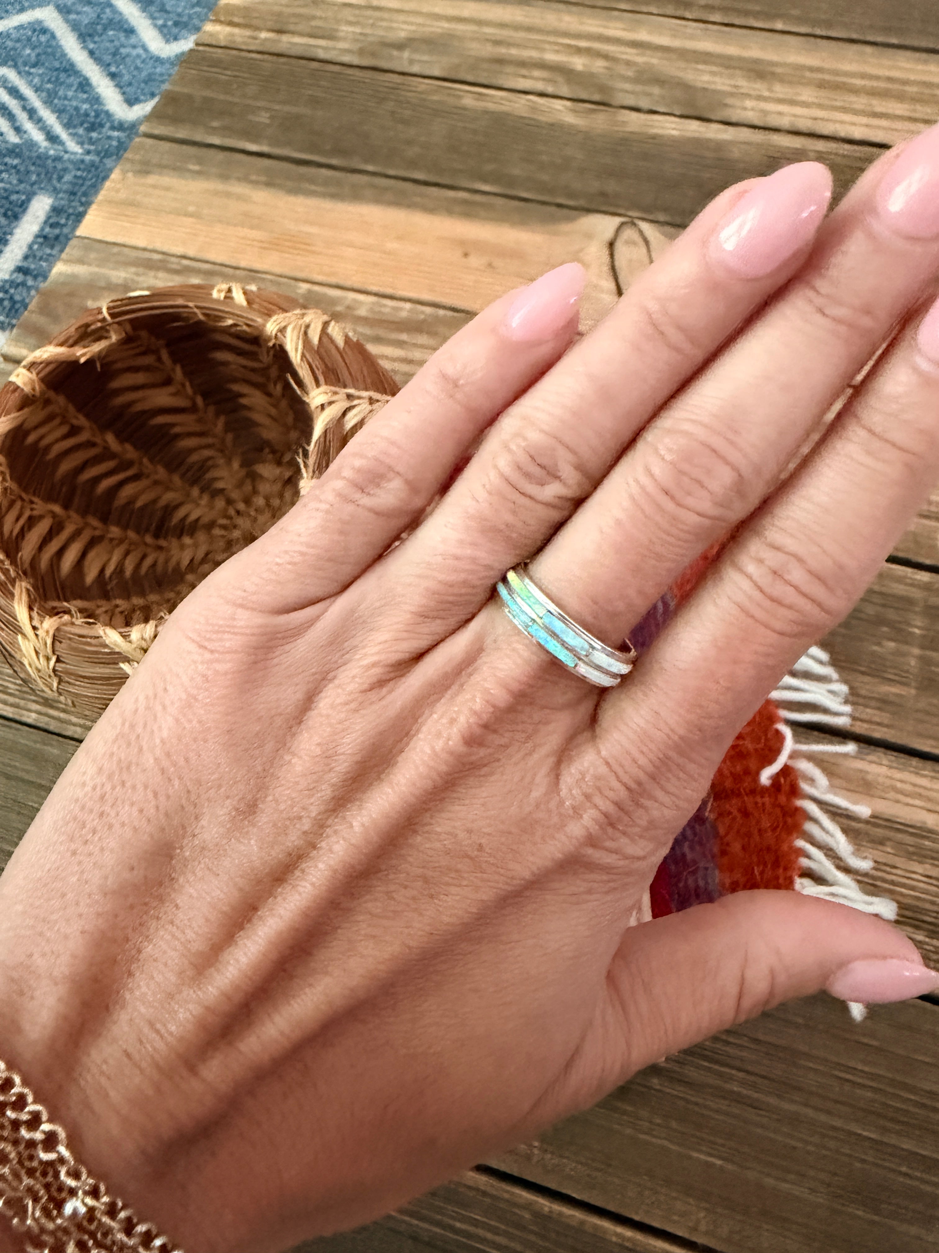 Old Pawn Handcrafted Opal & Sterling Silver Inlay Band Ring Size 7.5