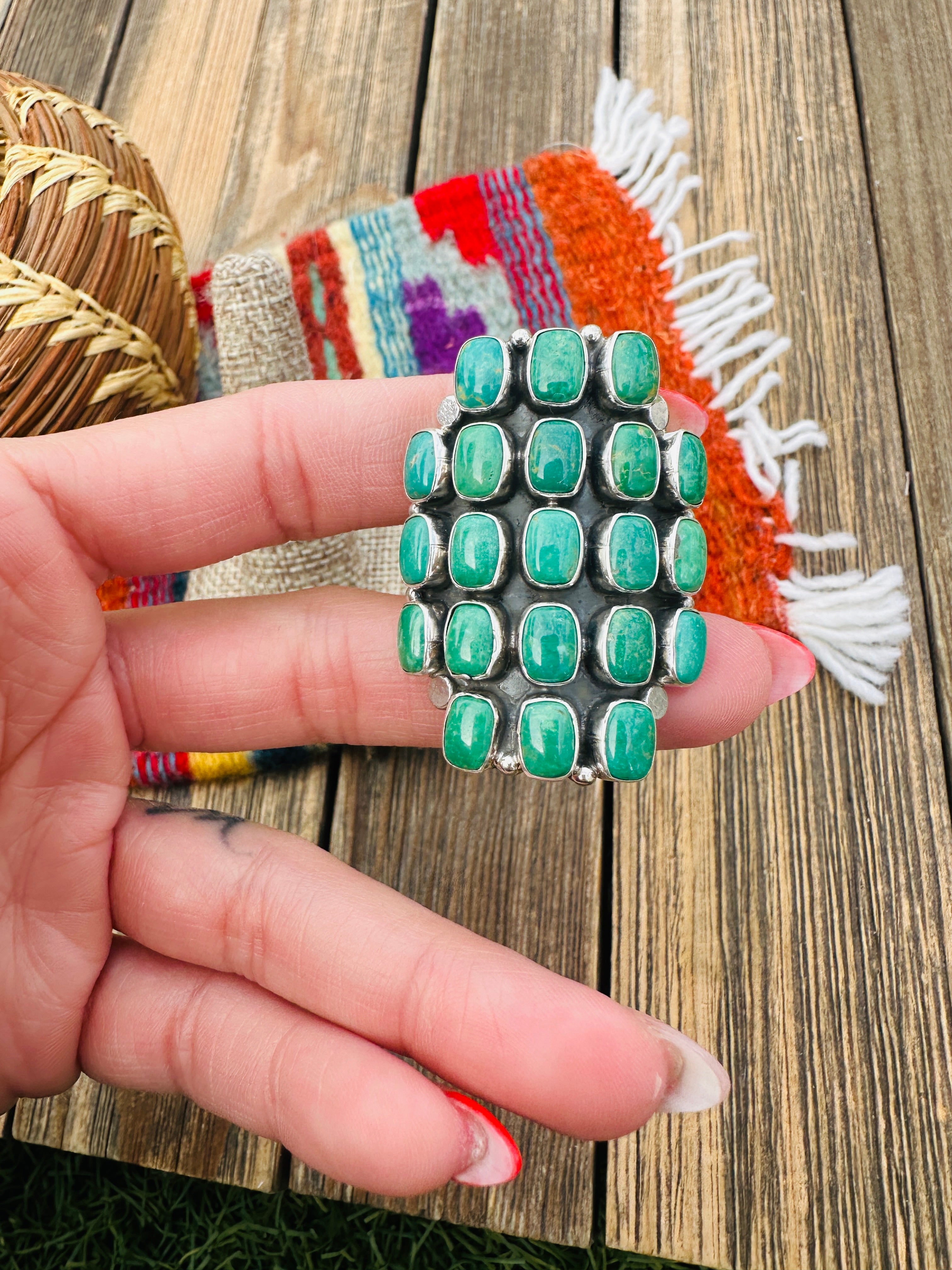 Handcrafted Turquoise & Sterling Silver Cluster Ring Size 7