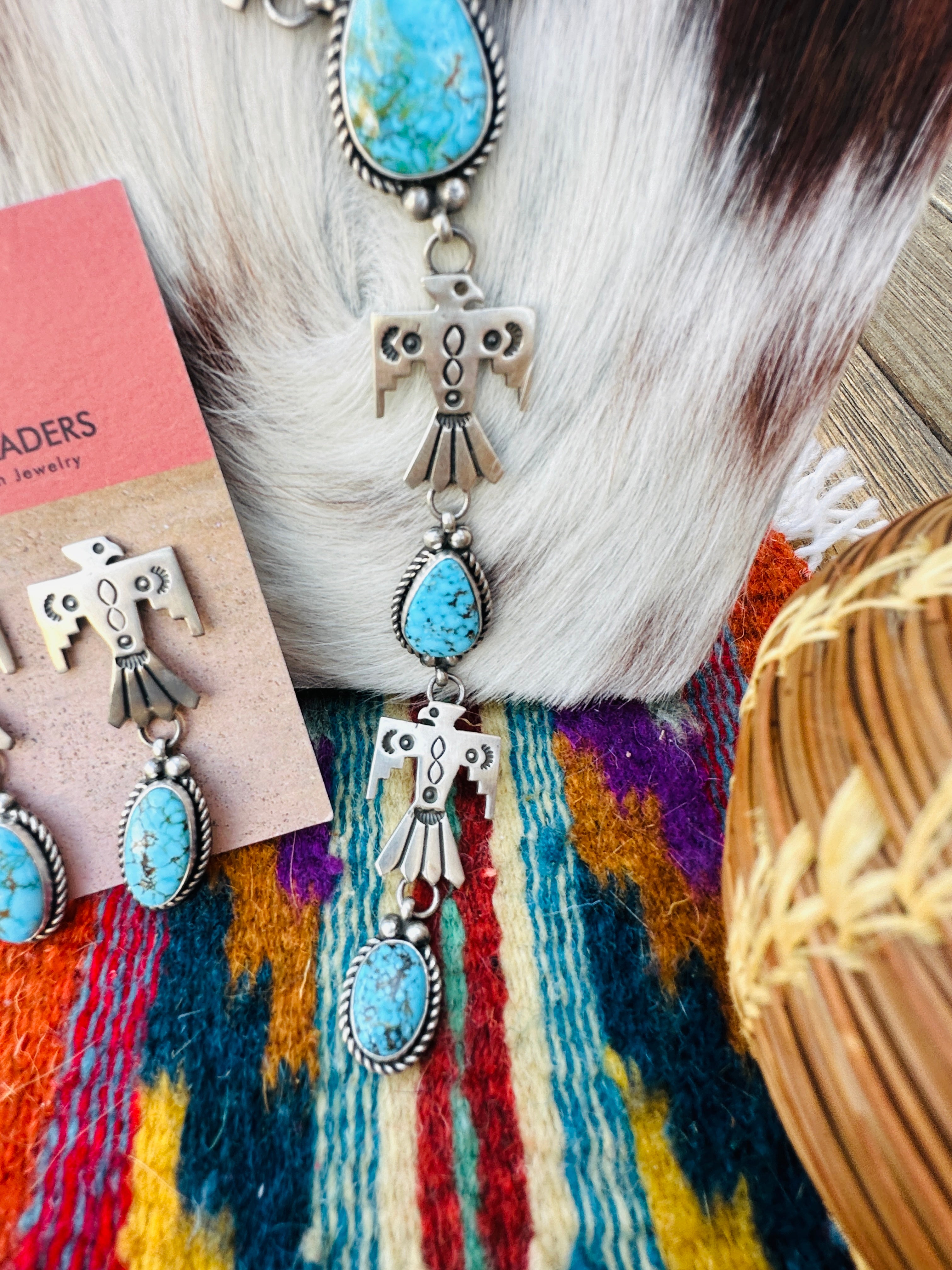 Handcrafted Turquoise & Sterling Silver Thunderbird Necklace and Earring Set by Fred Francis