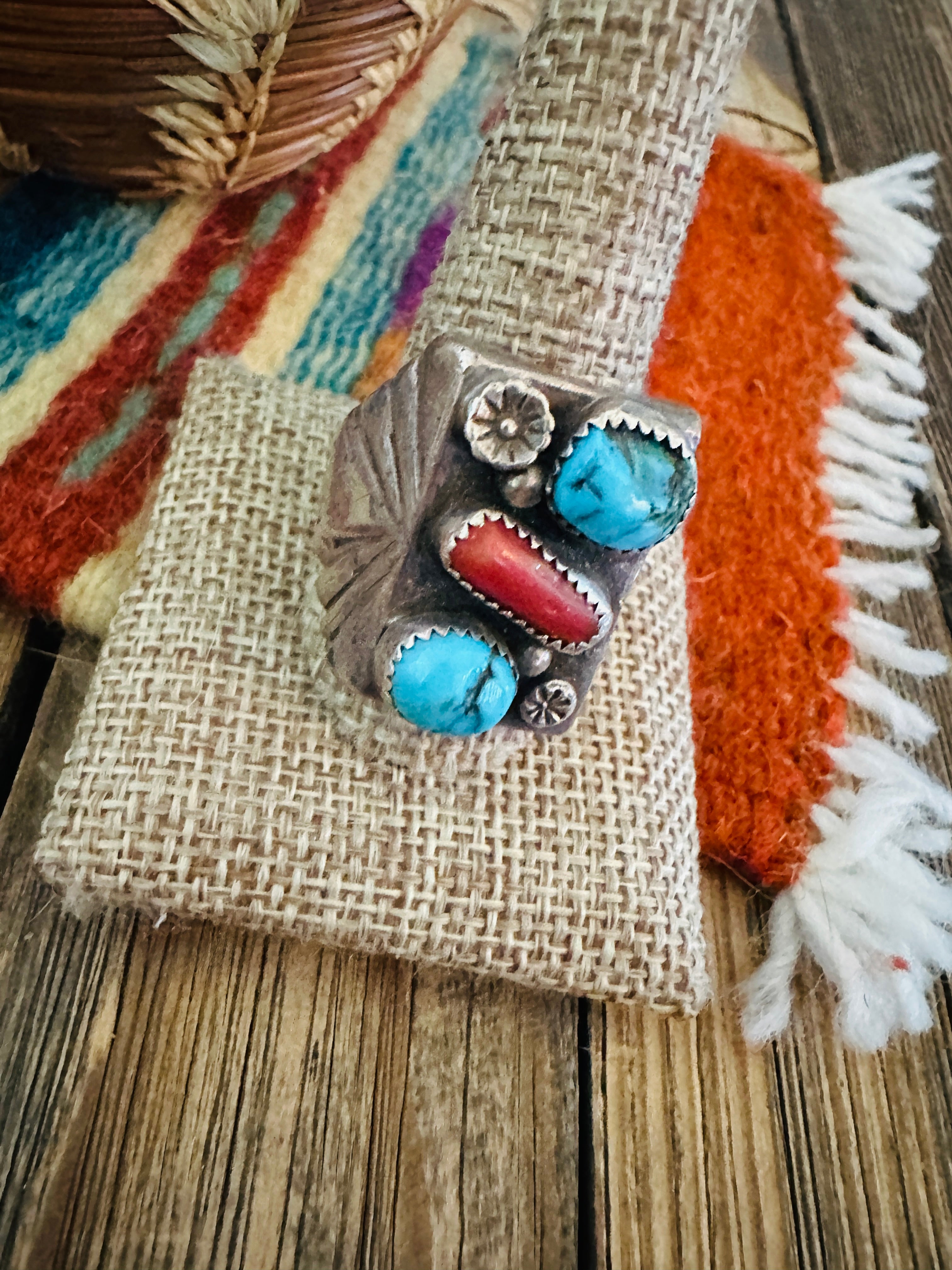 Old Pawn Handcrafted Turquoise, Coral & Sterling Silver Ring Size 12.25