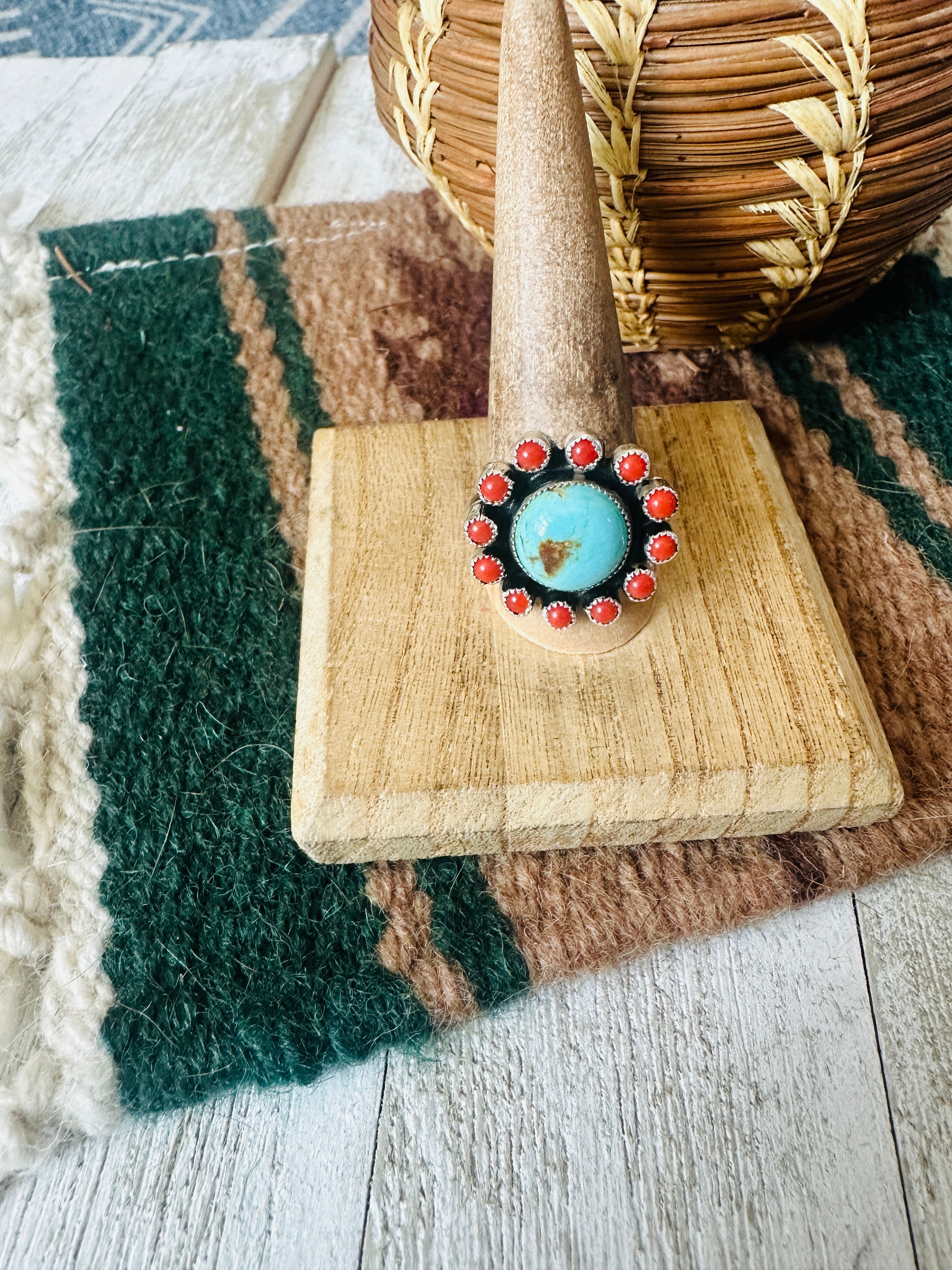 Navajo Sterling Silver, Turquoise & Coral Cluster Adjustable Ring