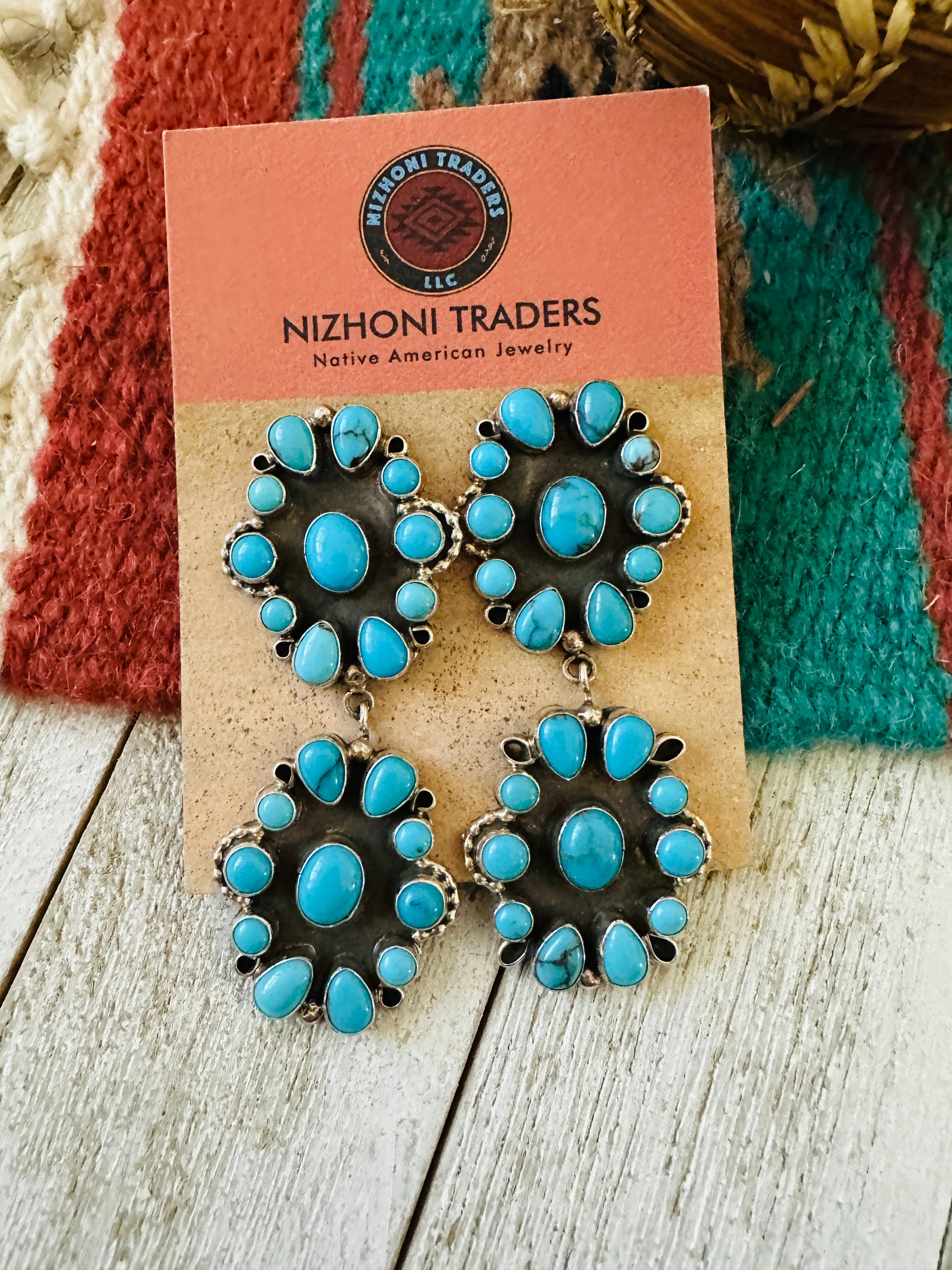 Handcrafted Sterling Silver & Sleeping Beauty Turquoise Cluster Dangle Earrings by Eula Wylie