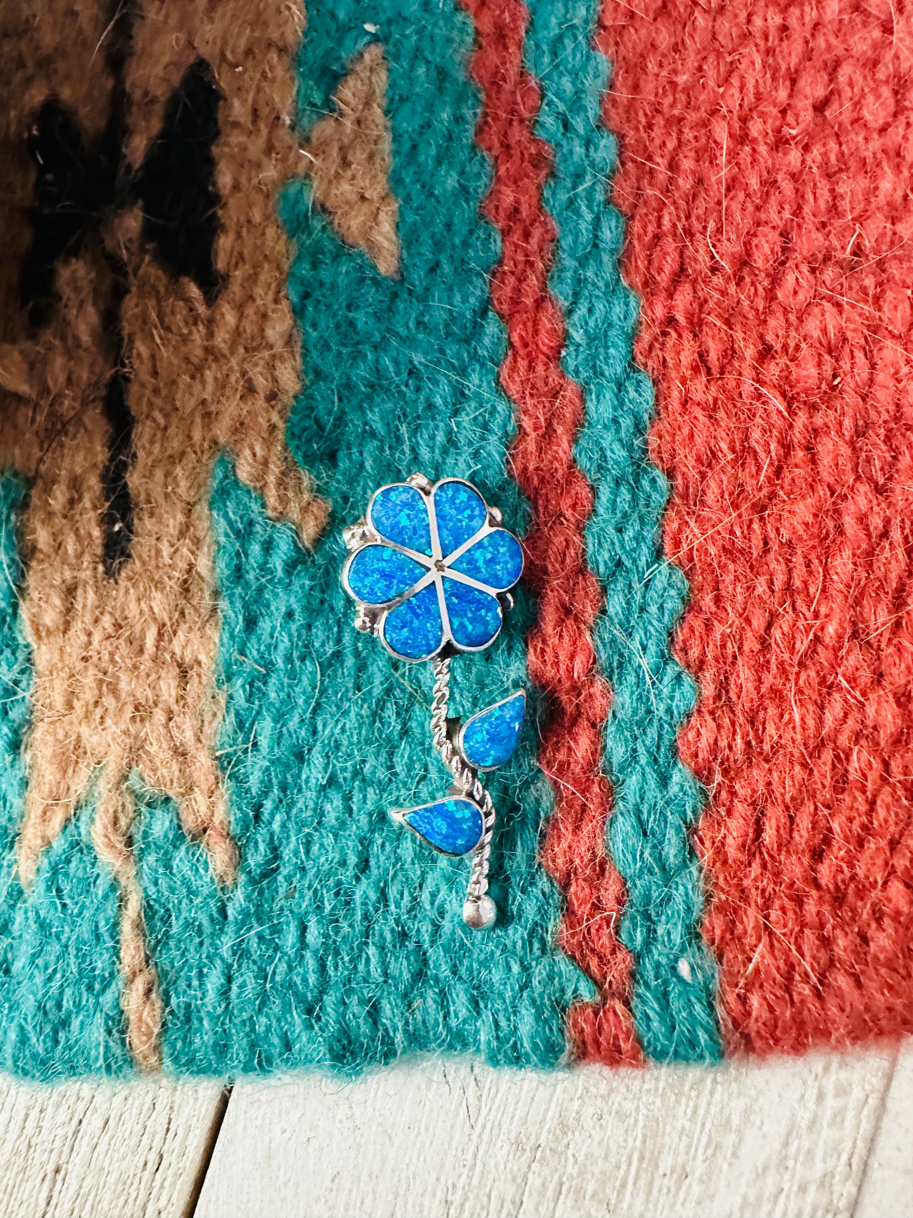 Zuni Blue Opal & Sterling Silver Inlay Flower Pendant