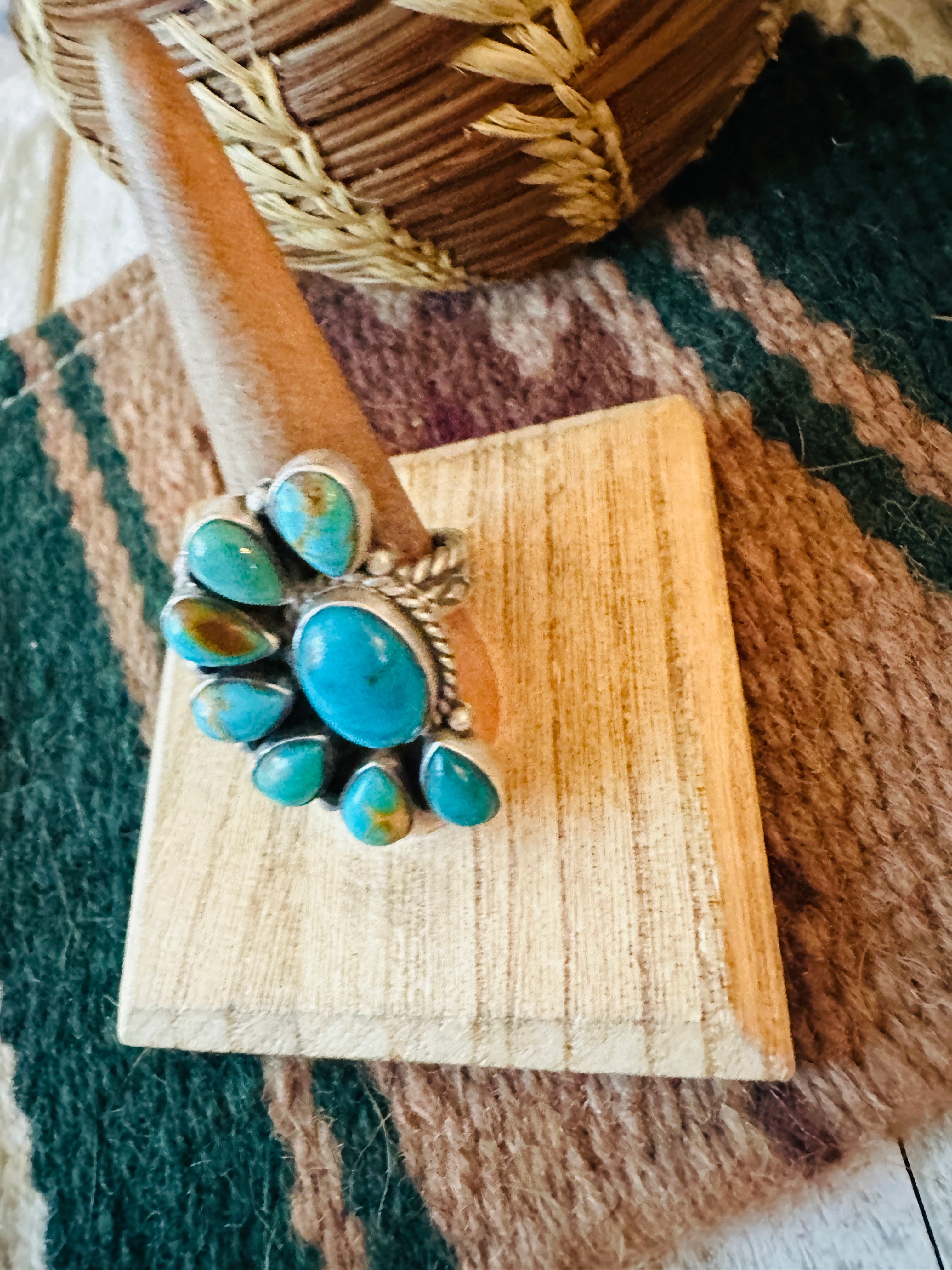 Navajo Turquoise & Sterling Silver Cluster Adjustable Ring