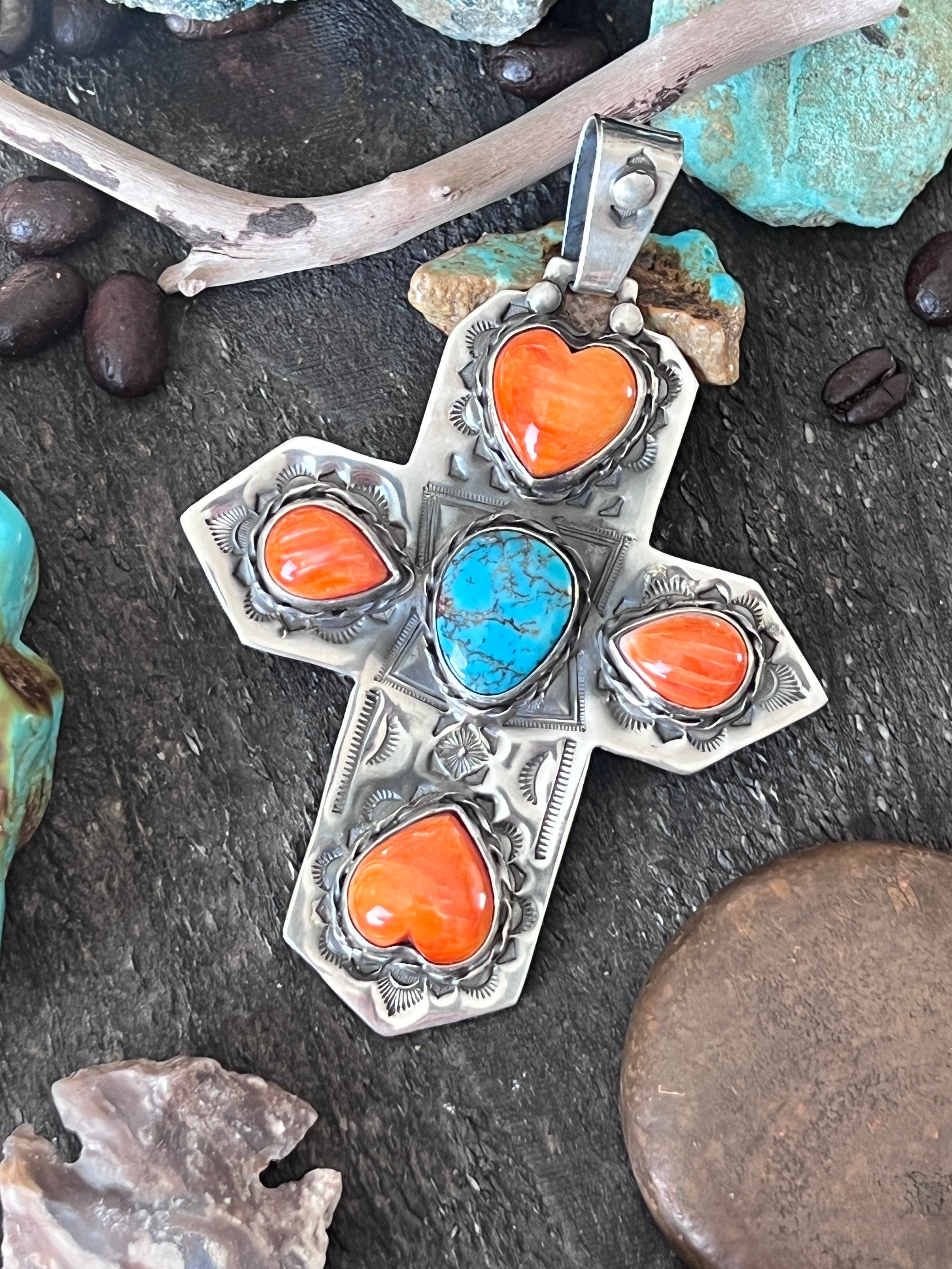 Hand Stamped Sterling Silver, Kingman Turquoise & Spiny Oyster Cross Pendant by Kimari Somers