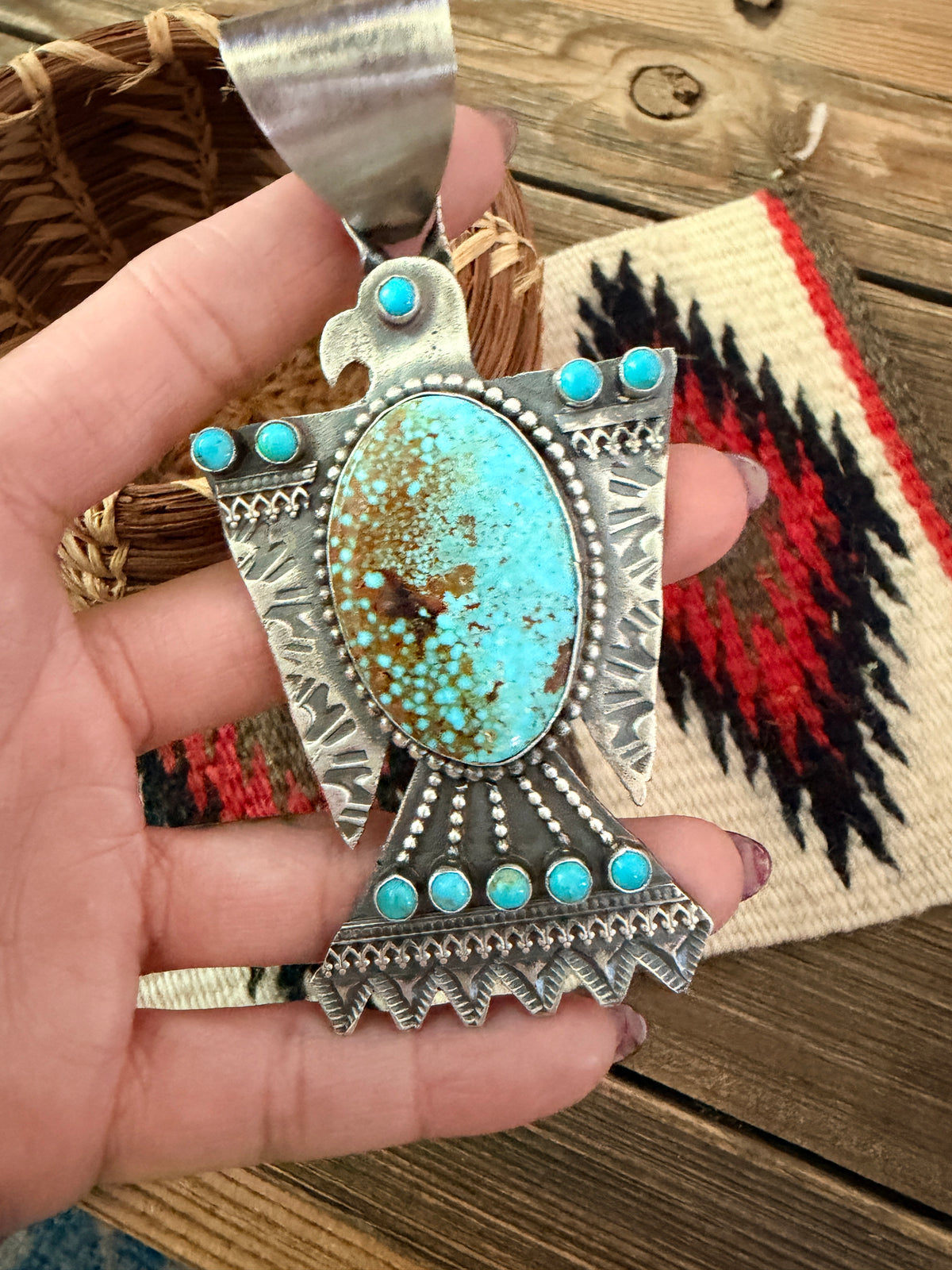 Handcrafted Sterling Silver & Turquoise Thunderbird Pendant by Shawn Cayatineto