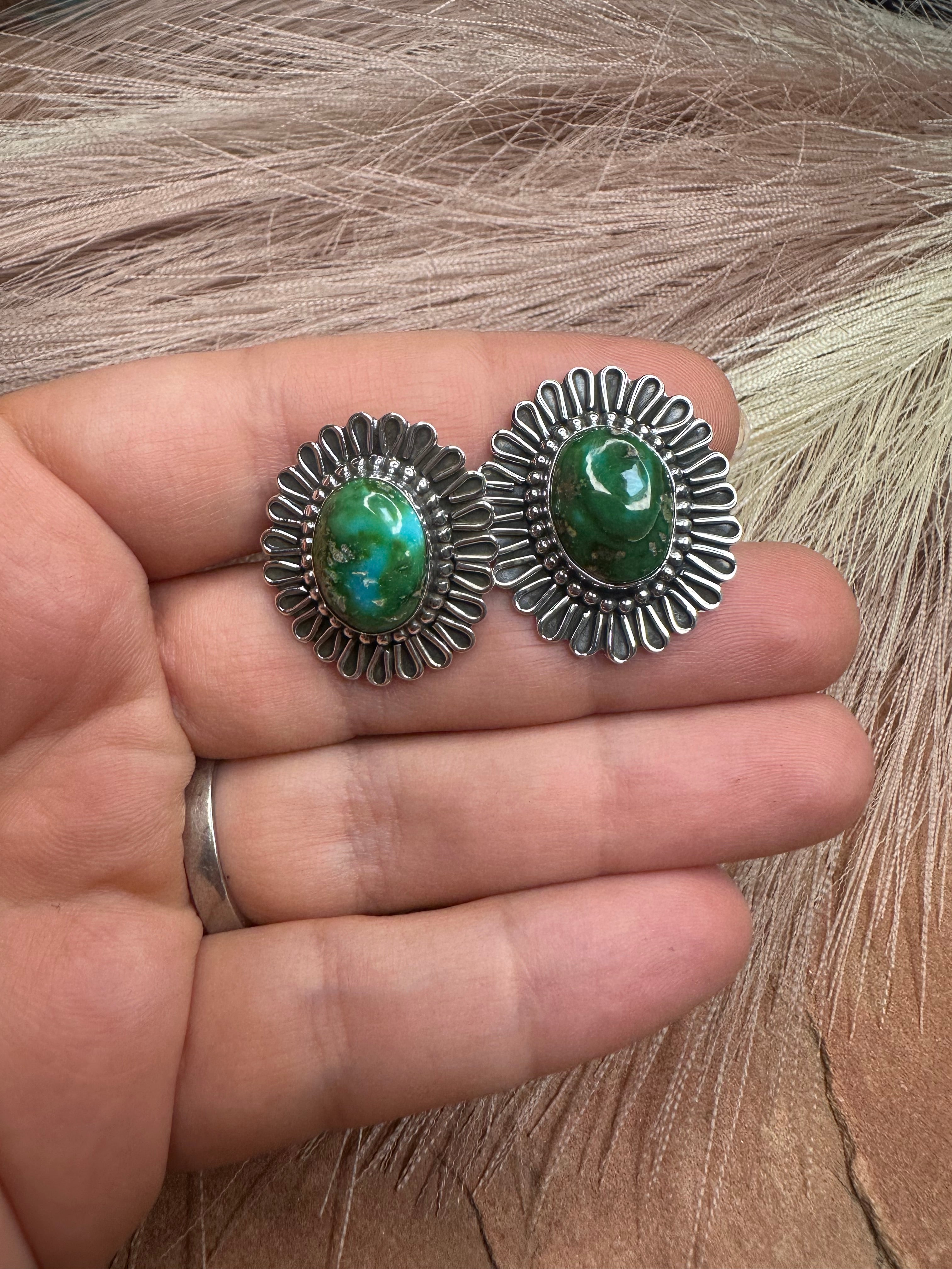 Handmade Sterling Silver Sonoran Mountain Turquoise Post Earrings Signed Nizhoni