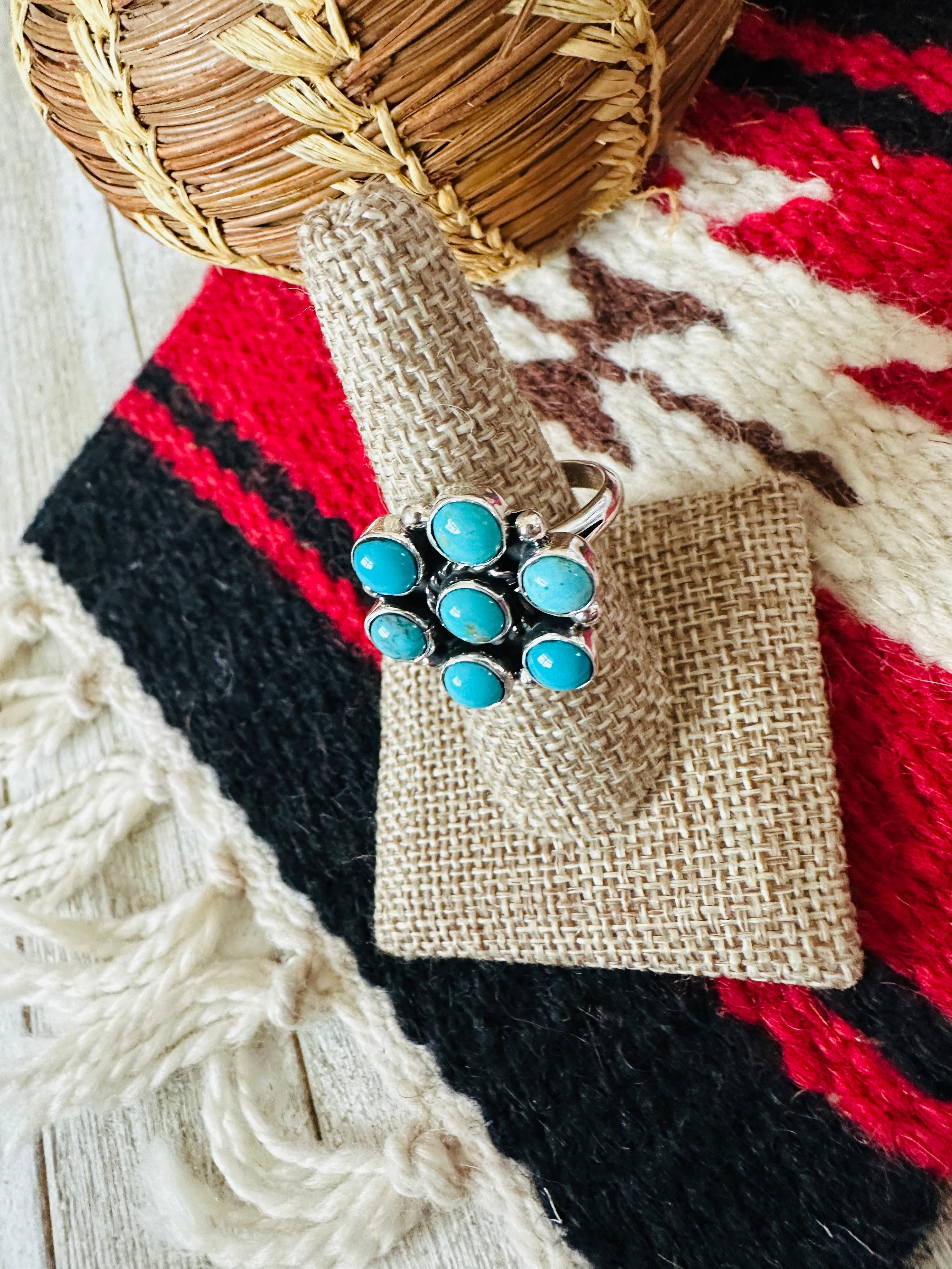 Handcrafted Turquoise & Sterling Silver Cluster Adjustable Ring
