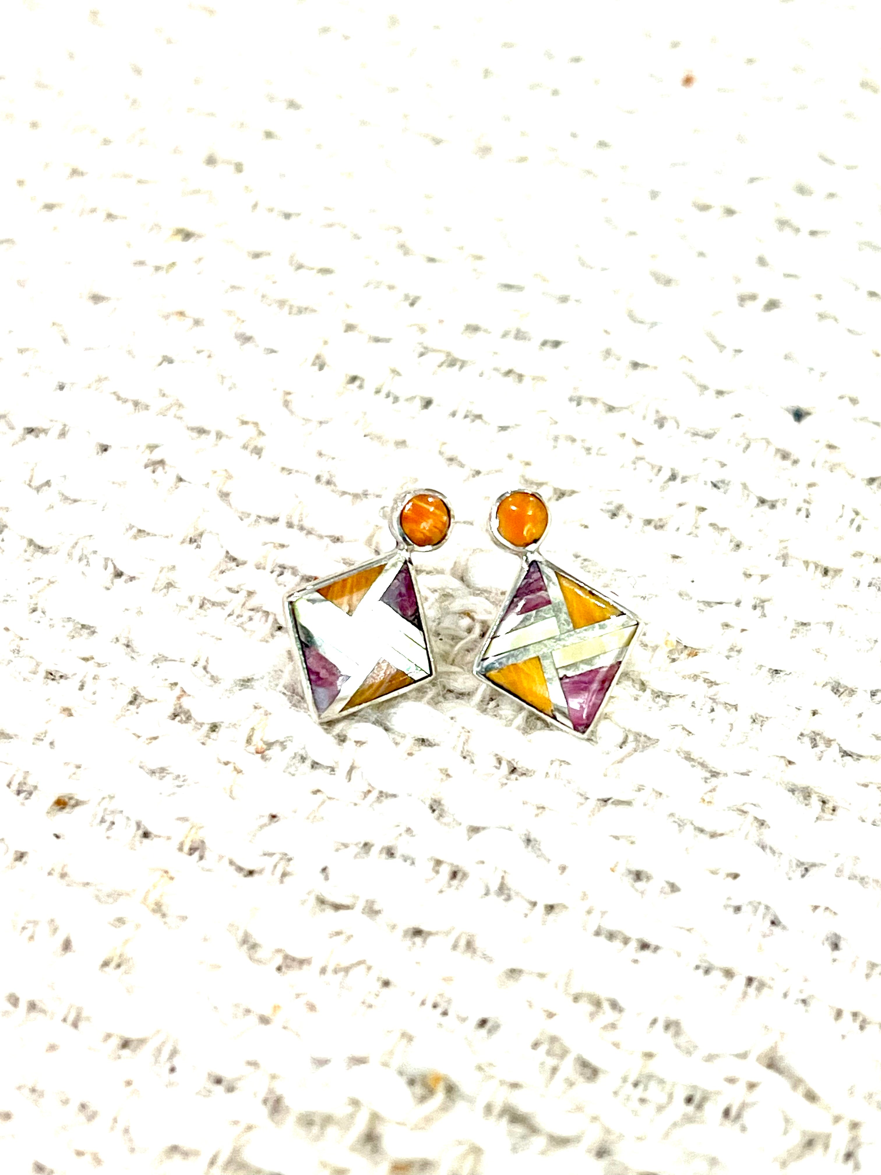 Beautiful Handmade Sterling Silver & Multi Stone Inlay Post Earrings