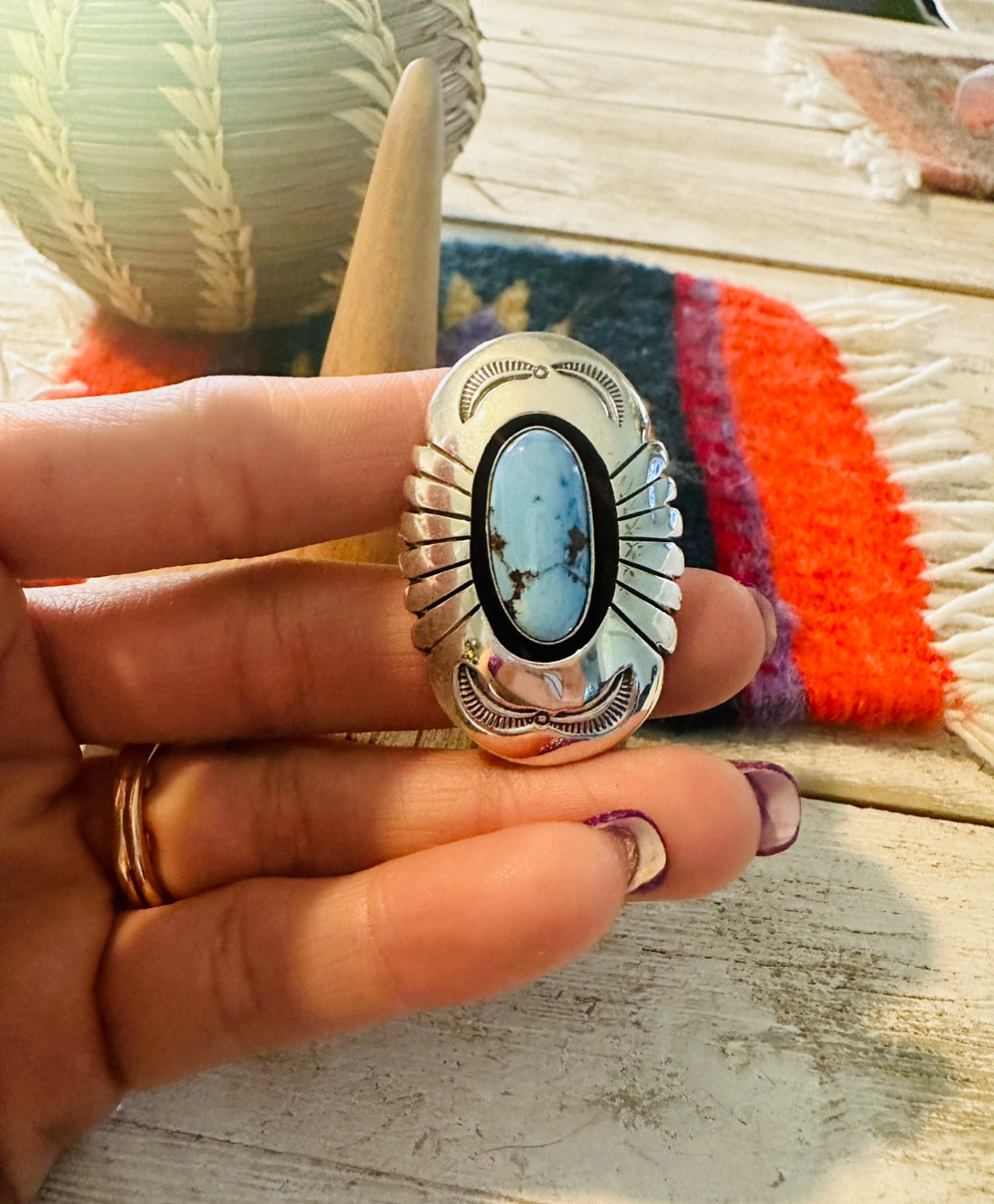 Navajo Golden Hills Turquoise & Sterling Silver Shadowbox Ring Size 6.5