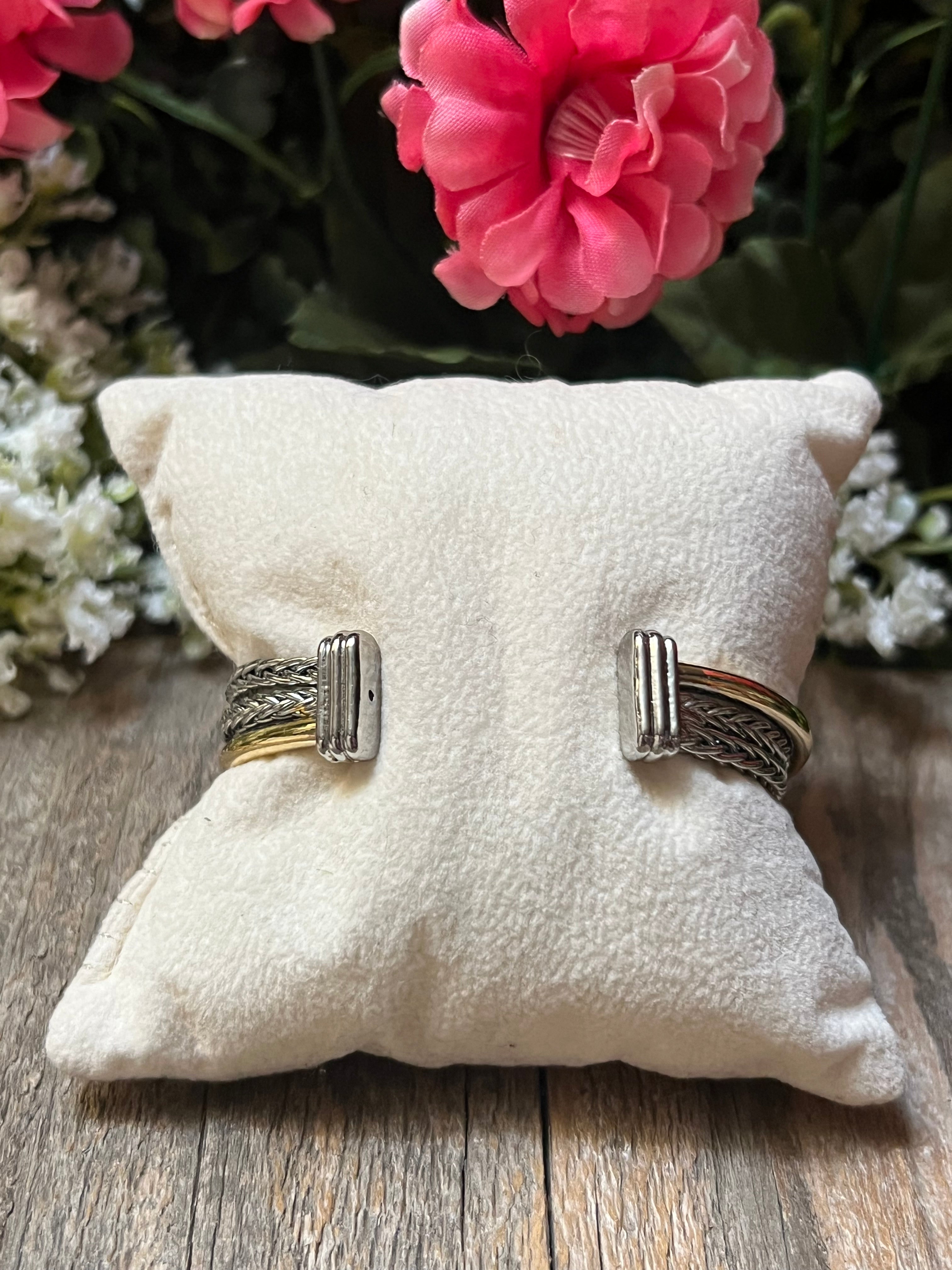 Silver & 14k Gold Plated Two Tone Ponytail Crossover Bangle Bracelet