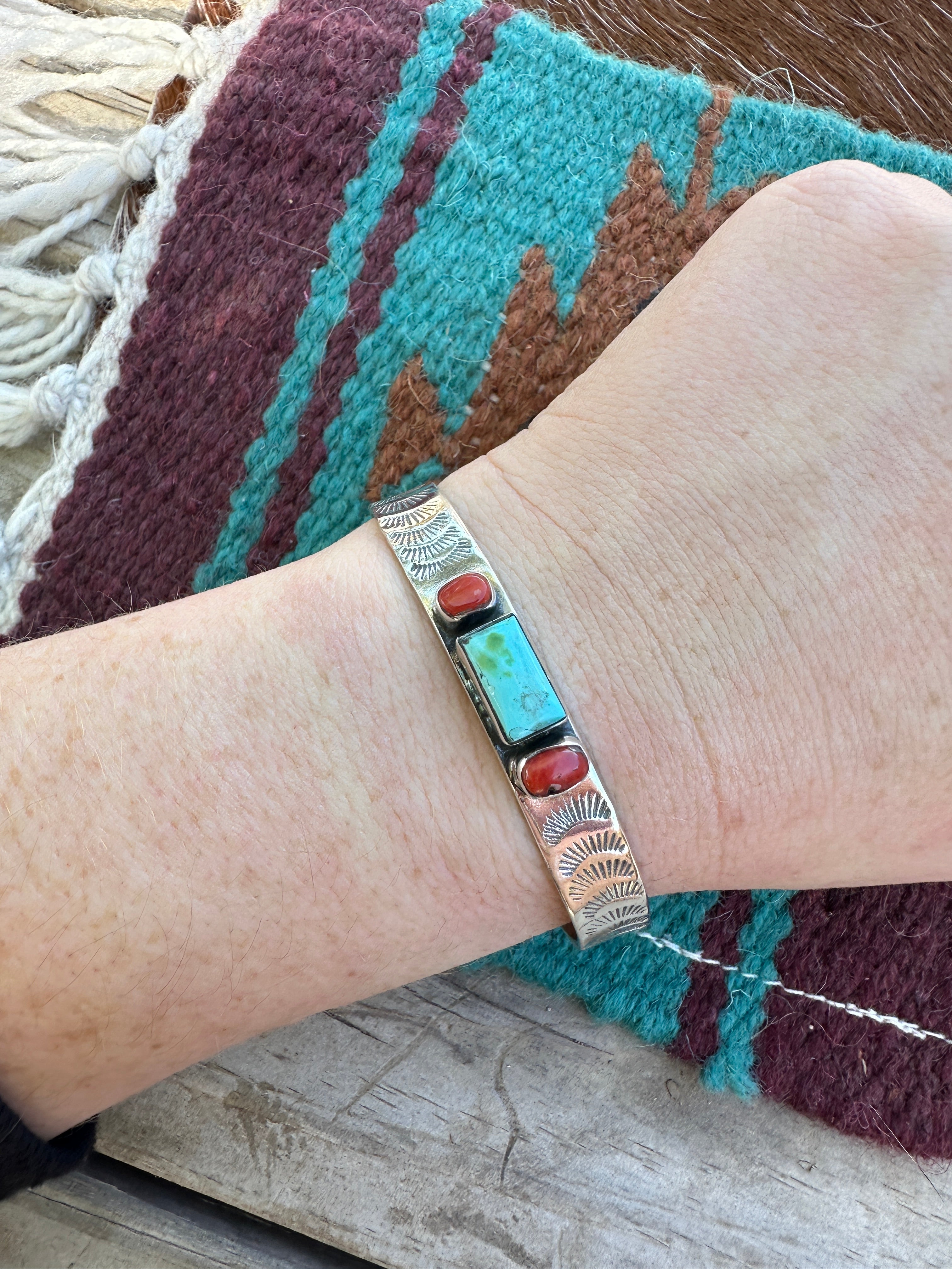 Handmade Sterling Silver, Coral & Sonoran Mountain Turquoise Cuff Bracelet Signed Nizhoni style 1