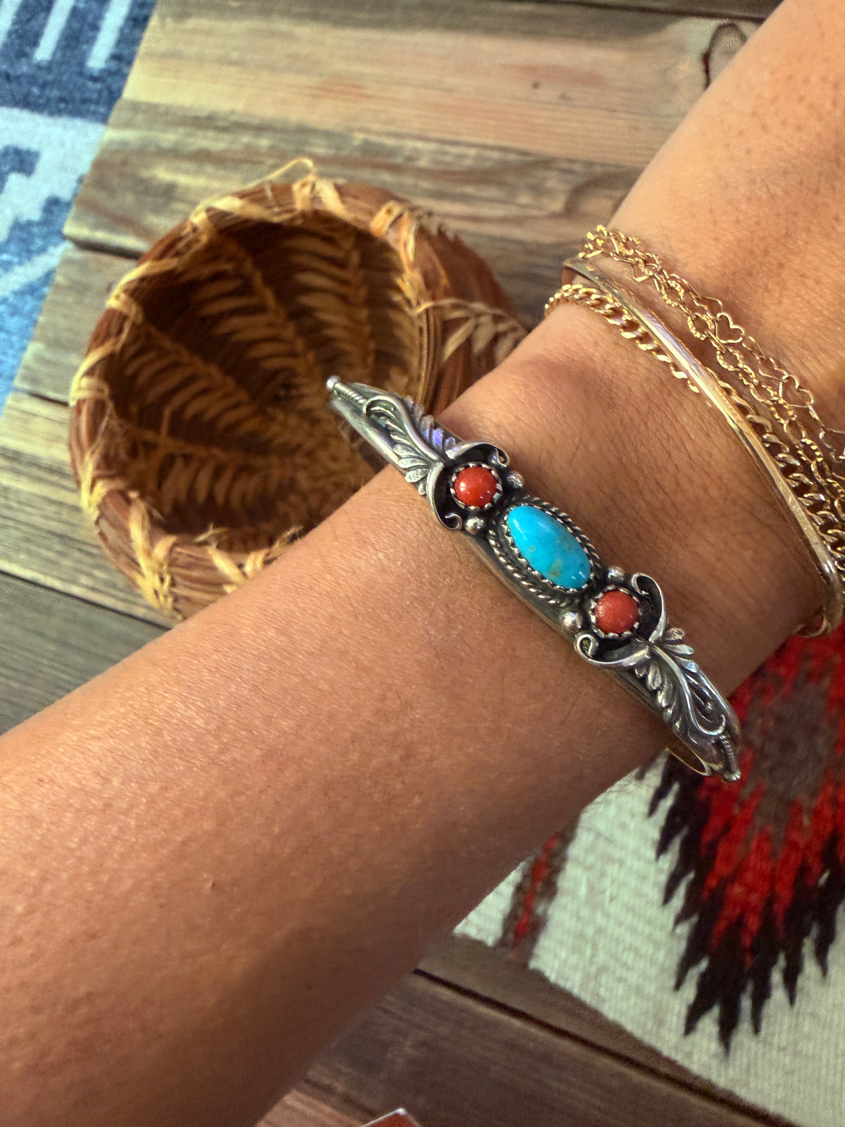 Handcrafted Turquoise, Coral & Sterling Silver Cuff Bracelet